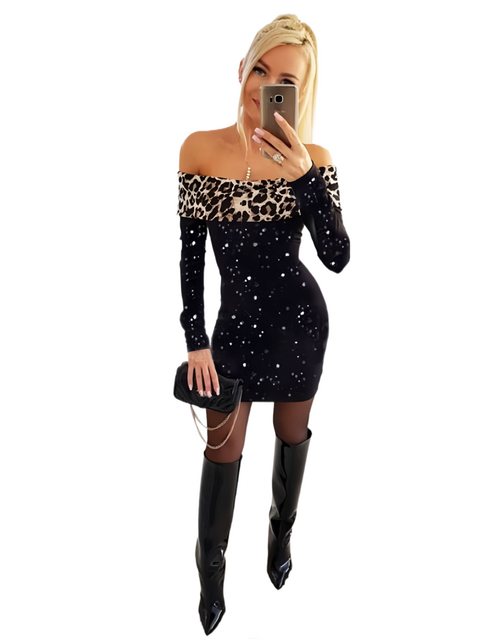 MC Star Minikleid Schulterfreies Kleid mit Leopardenmuster, langärmliges Kl günstig online kaufen