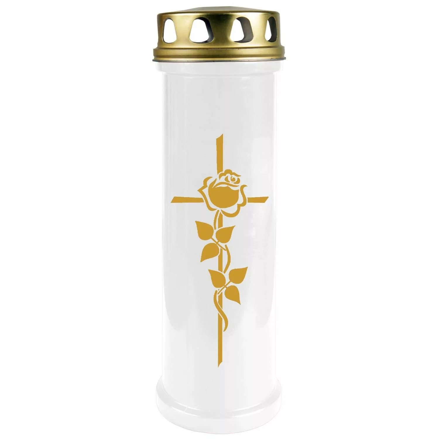 HS Candle Grabkerze Weiß 100h Deckel Und Druck Gold Rose Kreuz günstig online kaufen