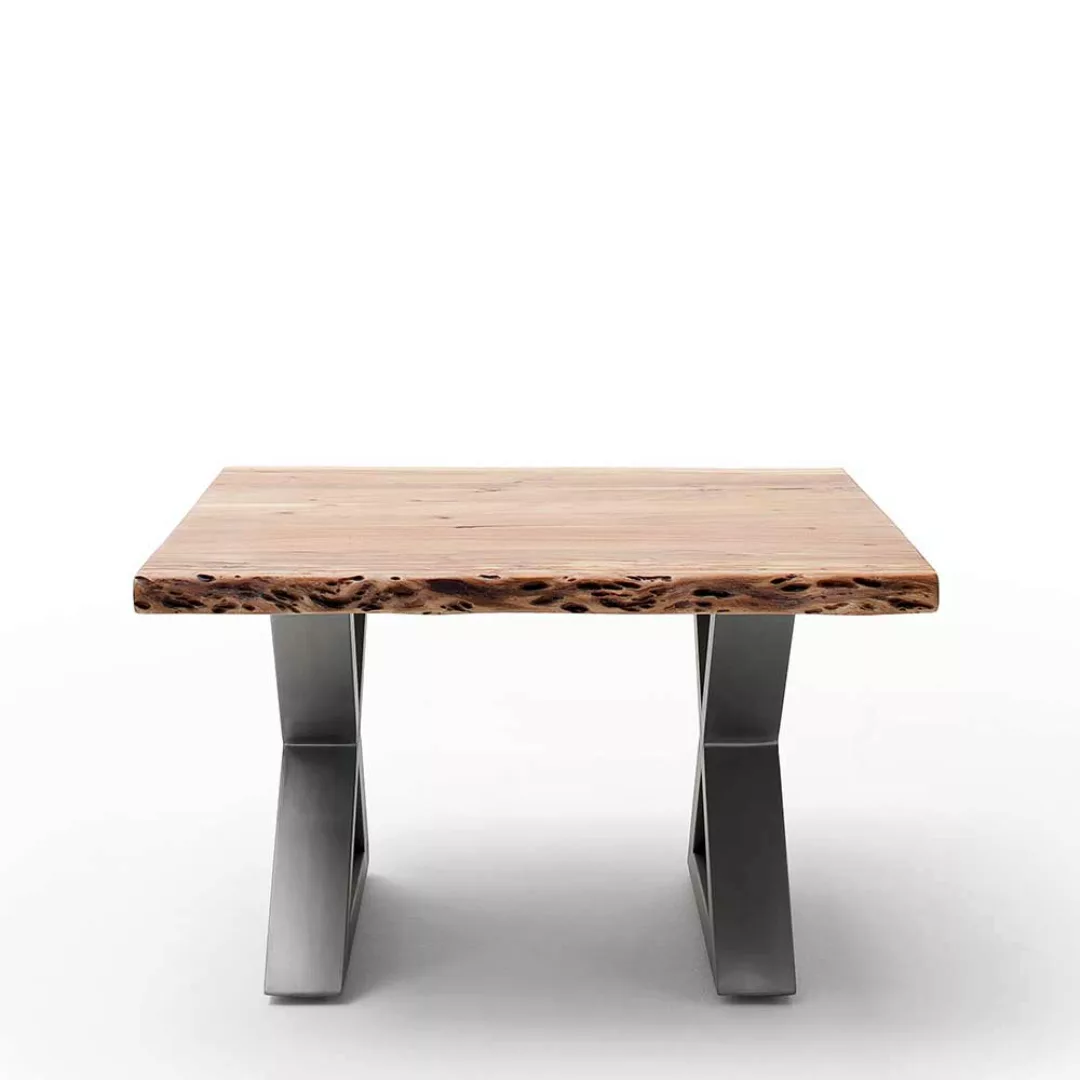 Baumkanten Sofa Tisch aus Akazie Massivholz und Edelstahl Loft Design günstig online kaufen