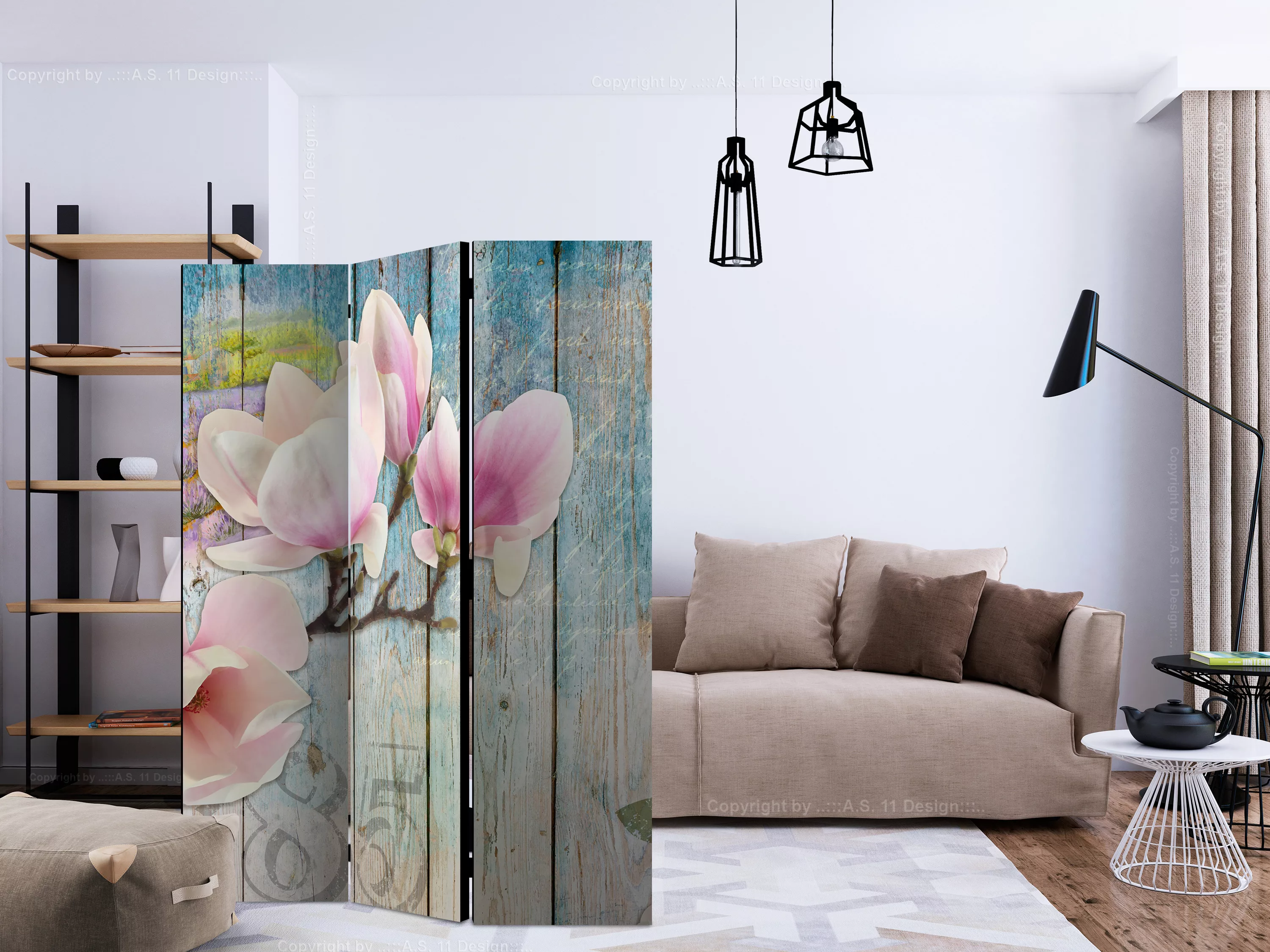 3-teiliges Paravent - Pink Flowers On Wood [room Dividers] günstig online kaufen