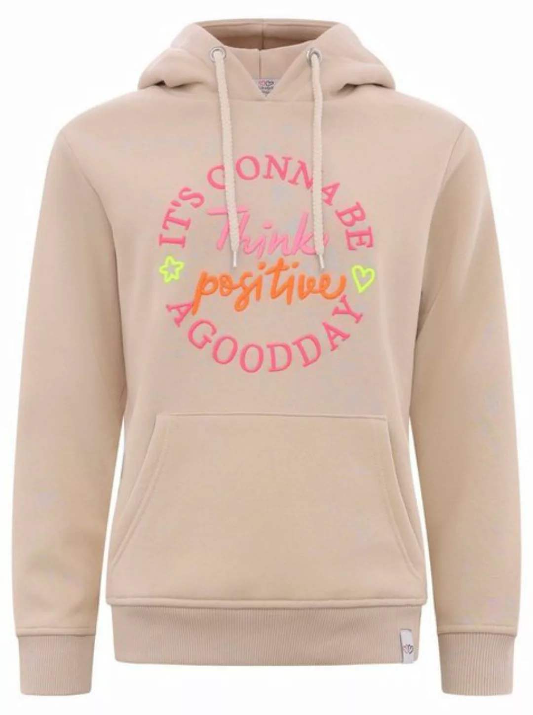 Zwillingsherz Sweatshirt mit Kapuze und "Think positiv" Aufstick in Neonfar günstig online kaufen