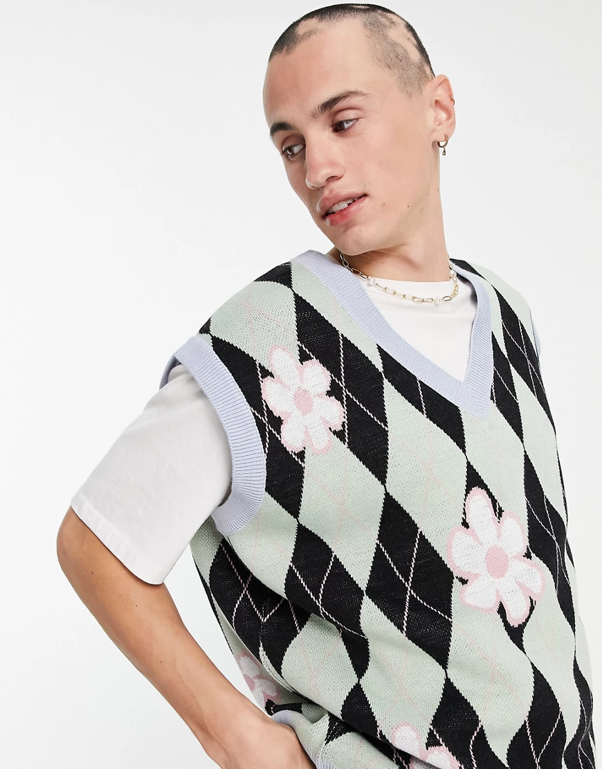 ASOS DESIGN – Strickpullunder mit geblümtem Argyle-Rautenmuster-Grün günstig online kaufen