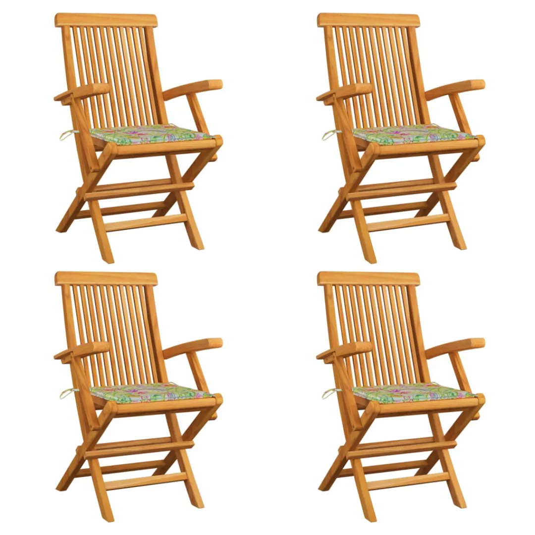 Gartenstühle Mit Kissen 4 Stk. Blattmuster Massivholz Teak günstig online kaufen
