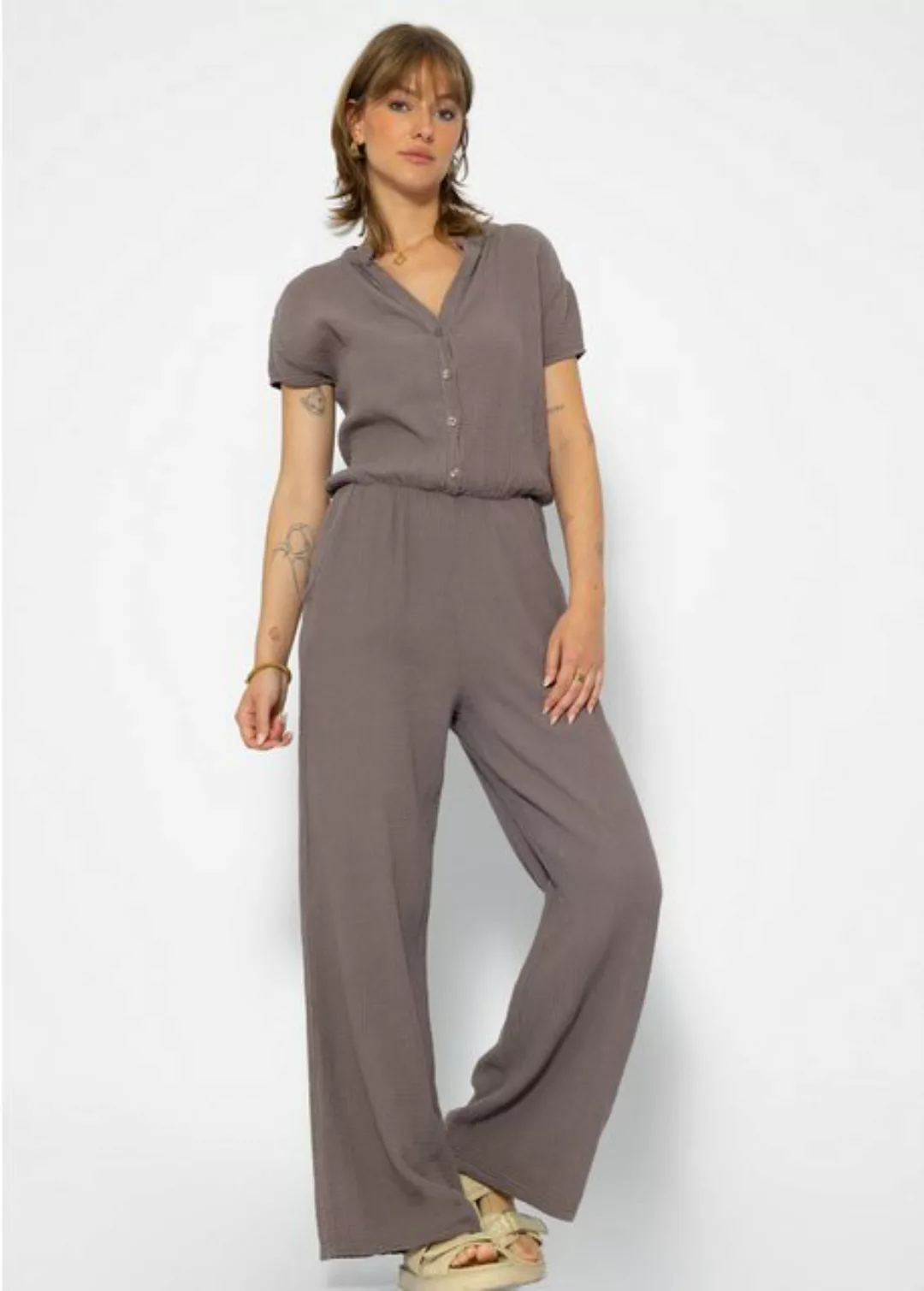 SASSYCLASSY Jumpsuit Sportlicher Musselin Jumpsuit mit Taillenbund Baumwoll günstig online kaufen