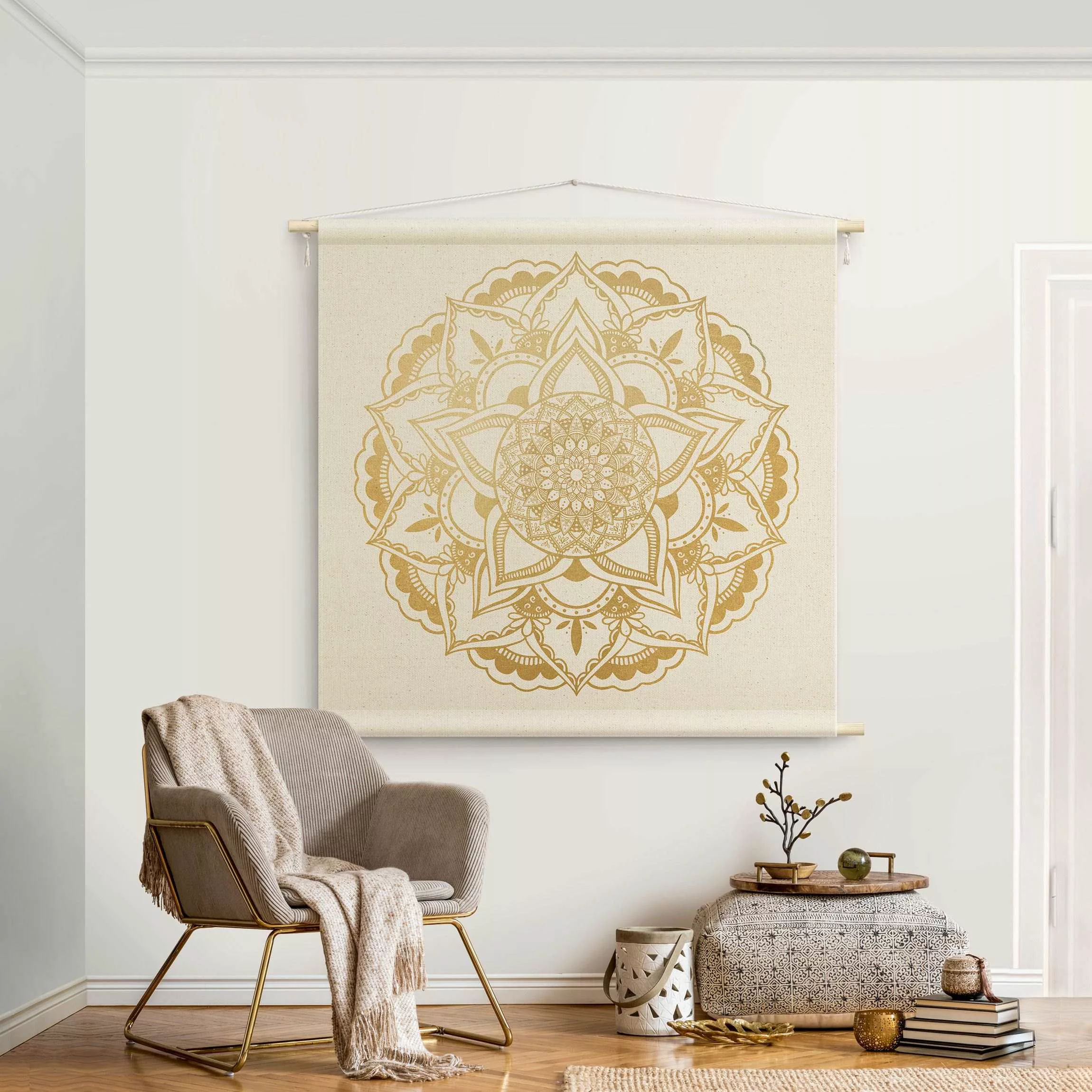 Wandteppich Mandala Blume gold weiß günstig online kaufen