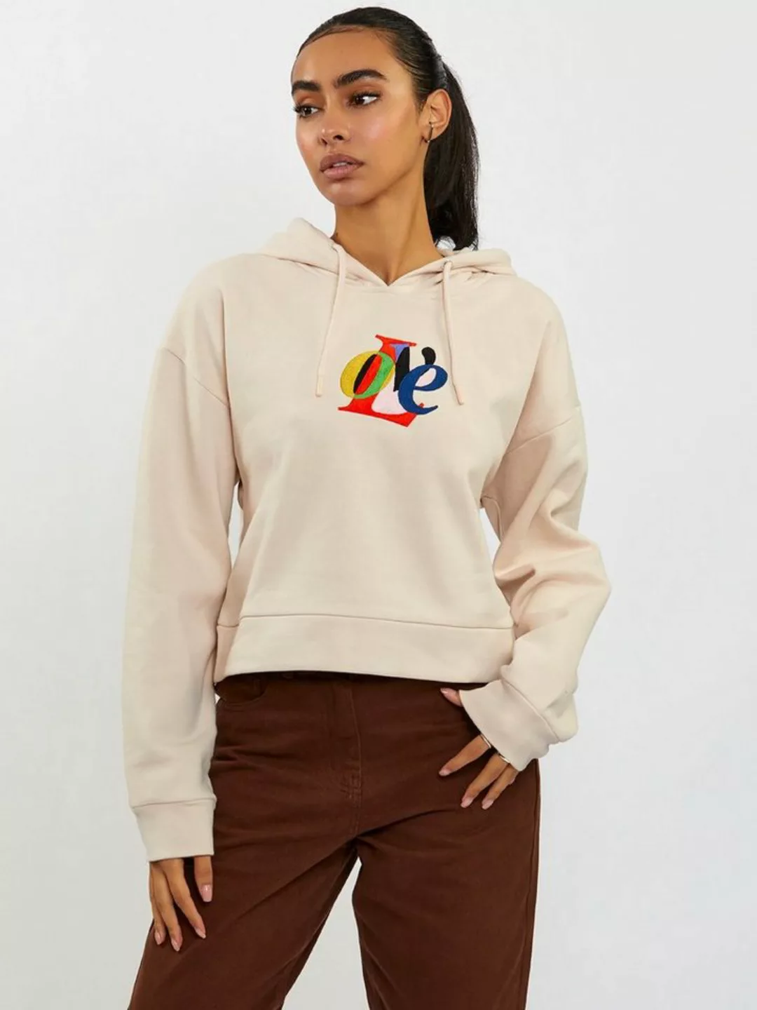 Freshlions Hoodie Freshlions Hooded Crop Sweatshirt Love Embroidery beige L günstig online kaufen