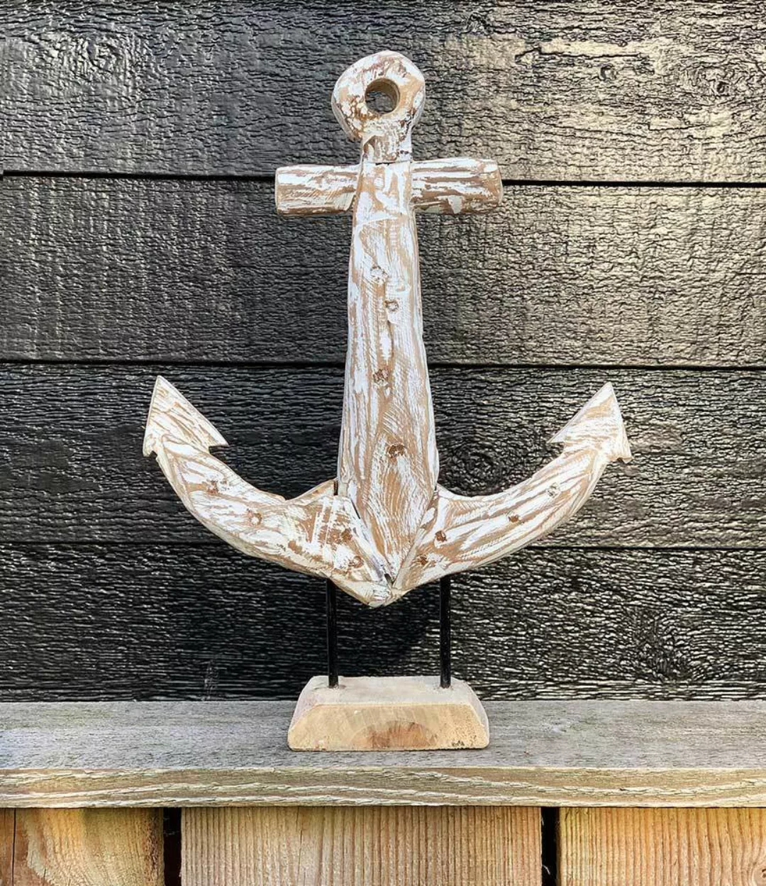 Anker Figur Deko Skulptur Schiffsanker auf Ständer Teakholz Weiß Maritim 38 günstig online kaufen