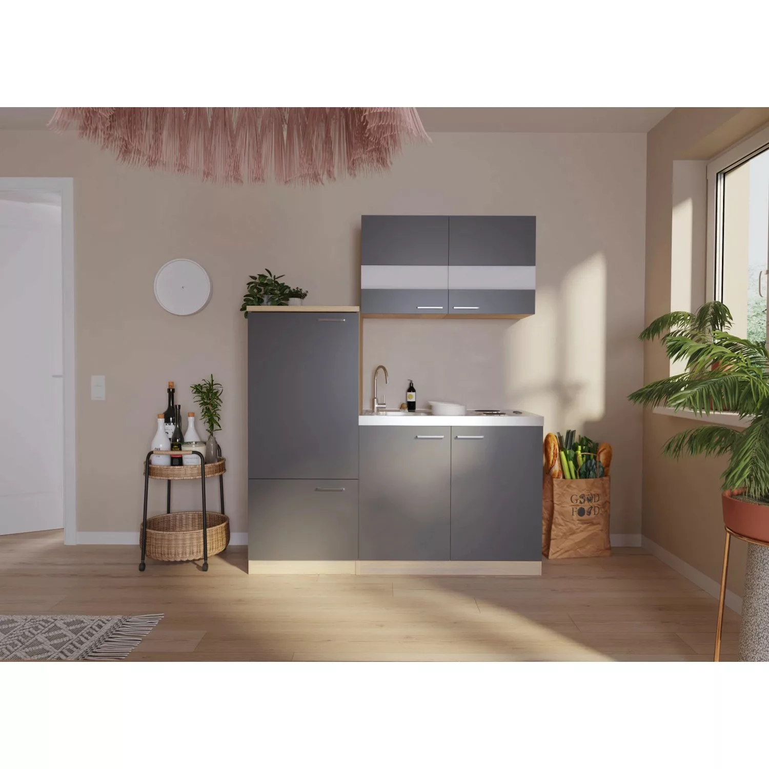 Respekta Miniküche KB160ESG 160 cm Grau-Eiche Sonoma Sägerau Nachbildung günstig online kaufen