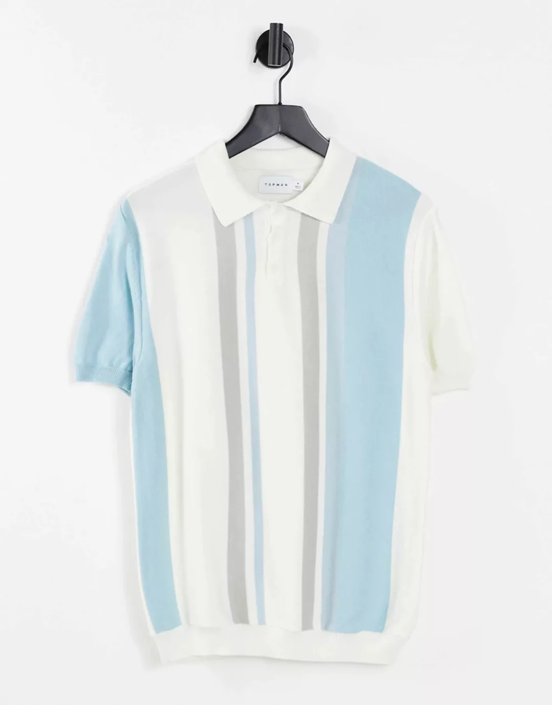 Topman – Gestricktes Polohemd in Weiß und Blau mit Streifen günstig online kaufen