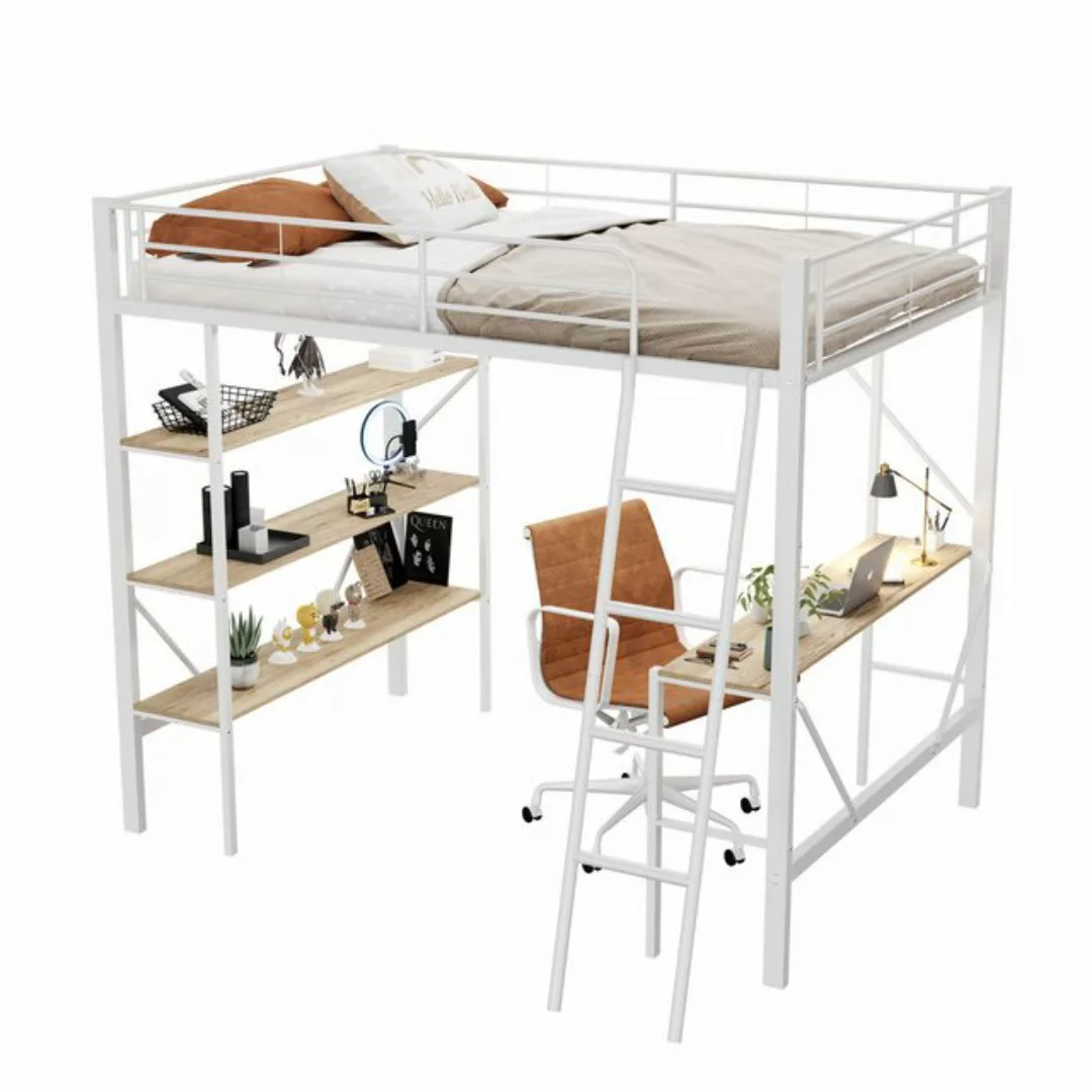 HAUSS SPLOE Hochbett 90x200cm Metallbett mit Schreibtisch und 3 Ablagen für günstig online kaufen