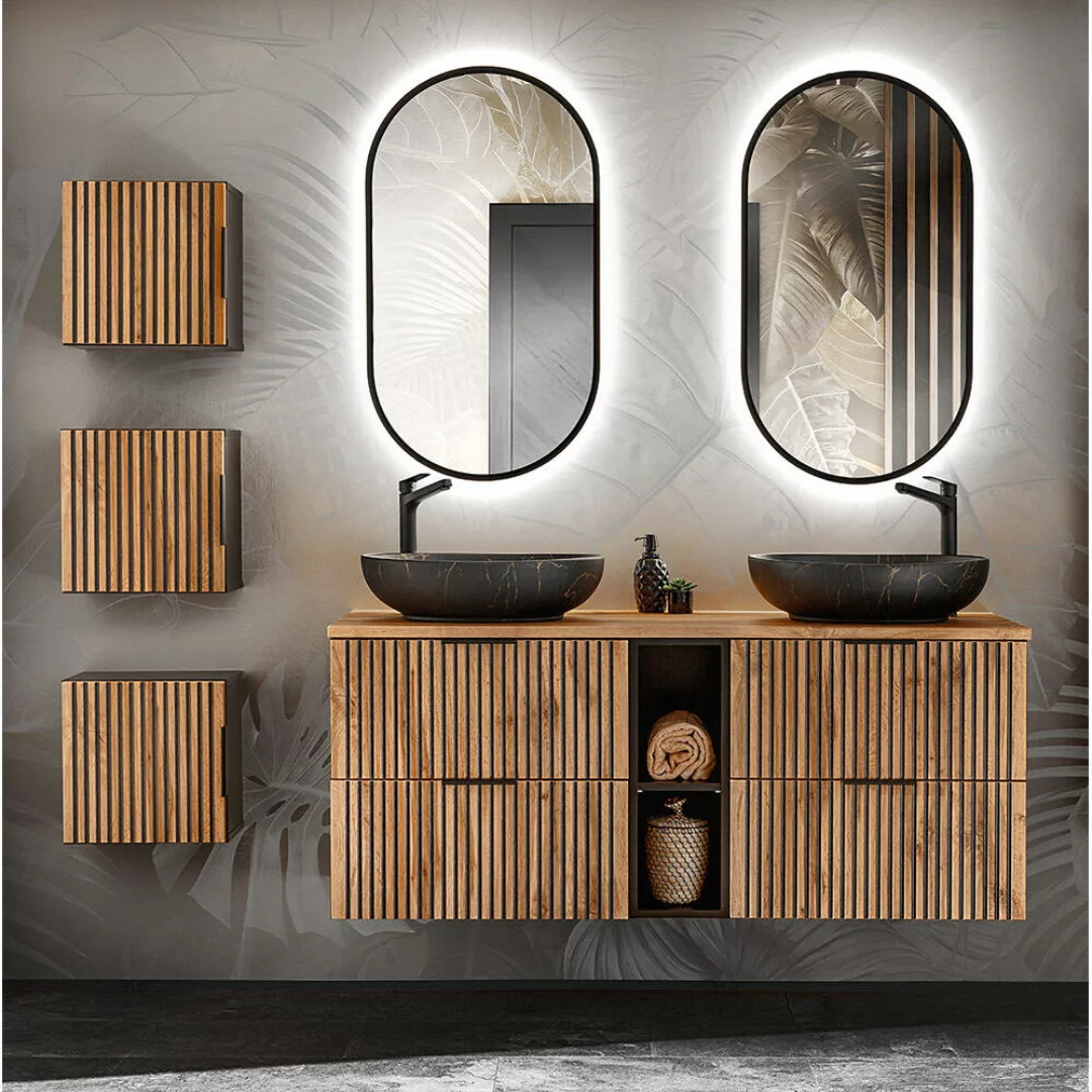 Badezimmer Set Doppelwaschtisch mit Regal, Hängeschränke, Spiegel XANTEN-56 günstig online kaufen