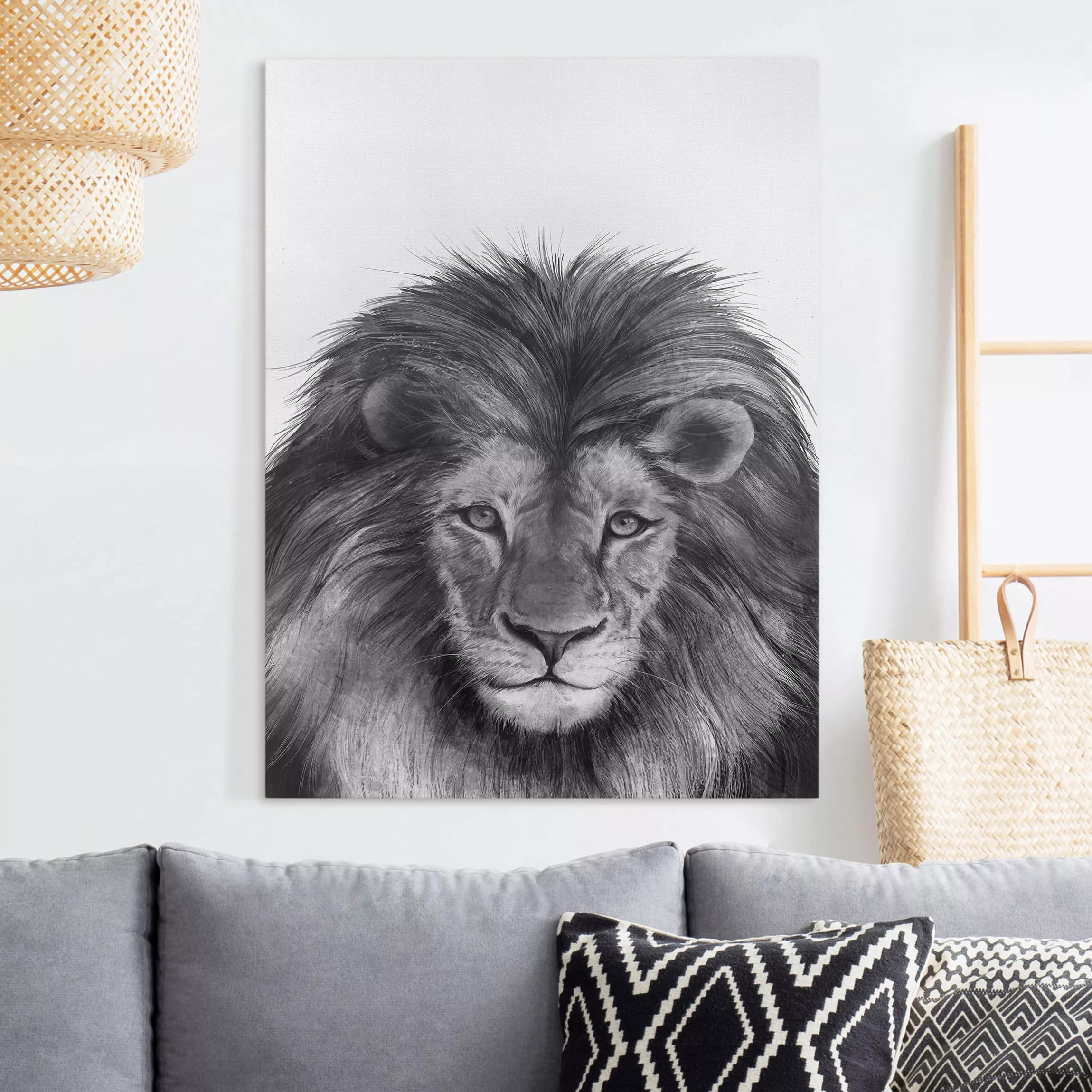 Leinwandbild Tiere - Hochformat Illustration Löwe Schwarz Weiß Malerei günstig online kaufen