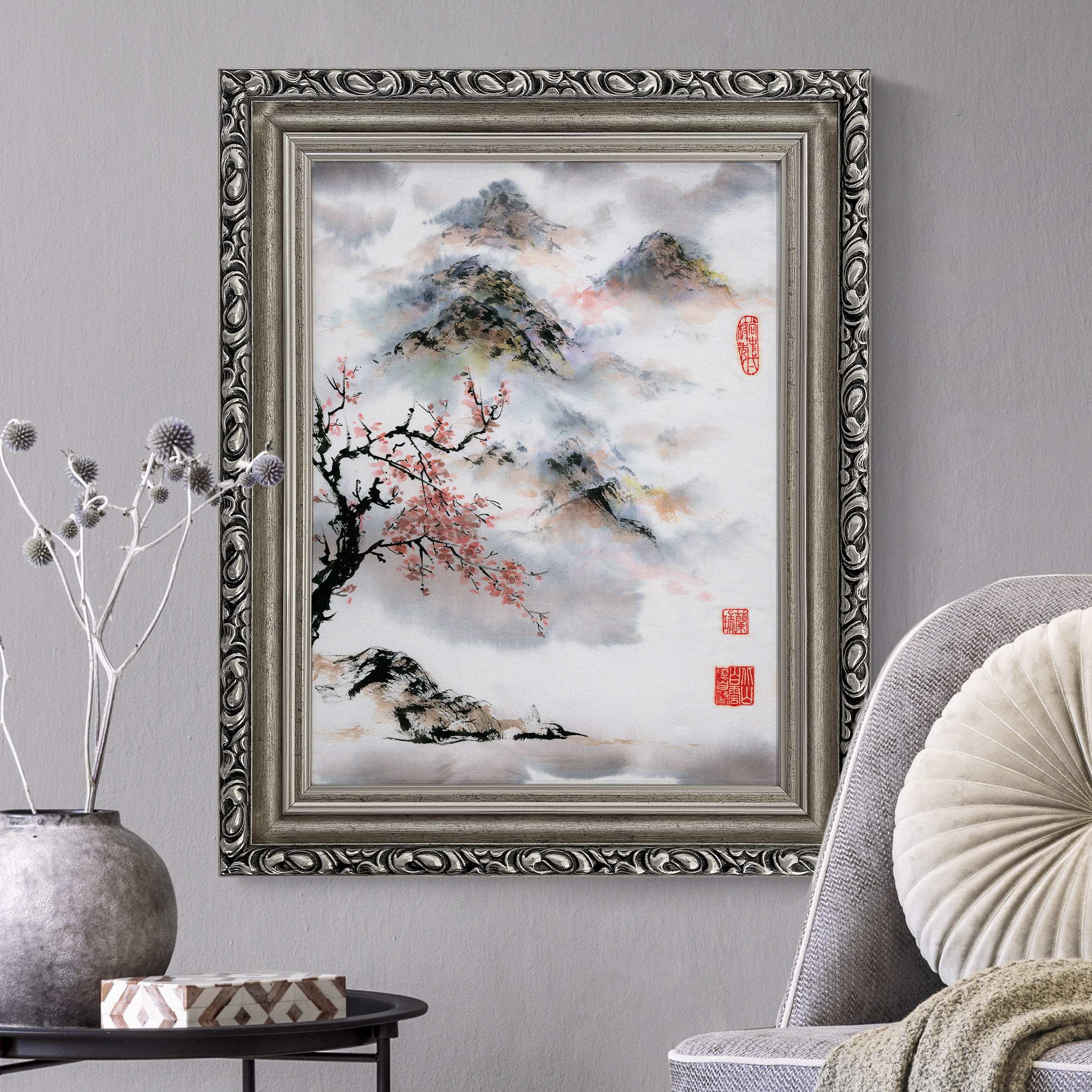 Gerahmtes Leinwandbild Japanische Aquarell Zeichnung Kirschbaum und Berge günstig online kaufen