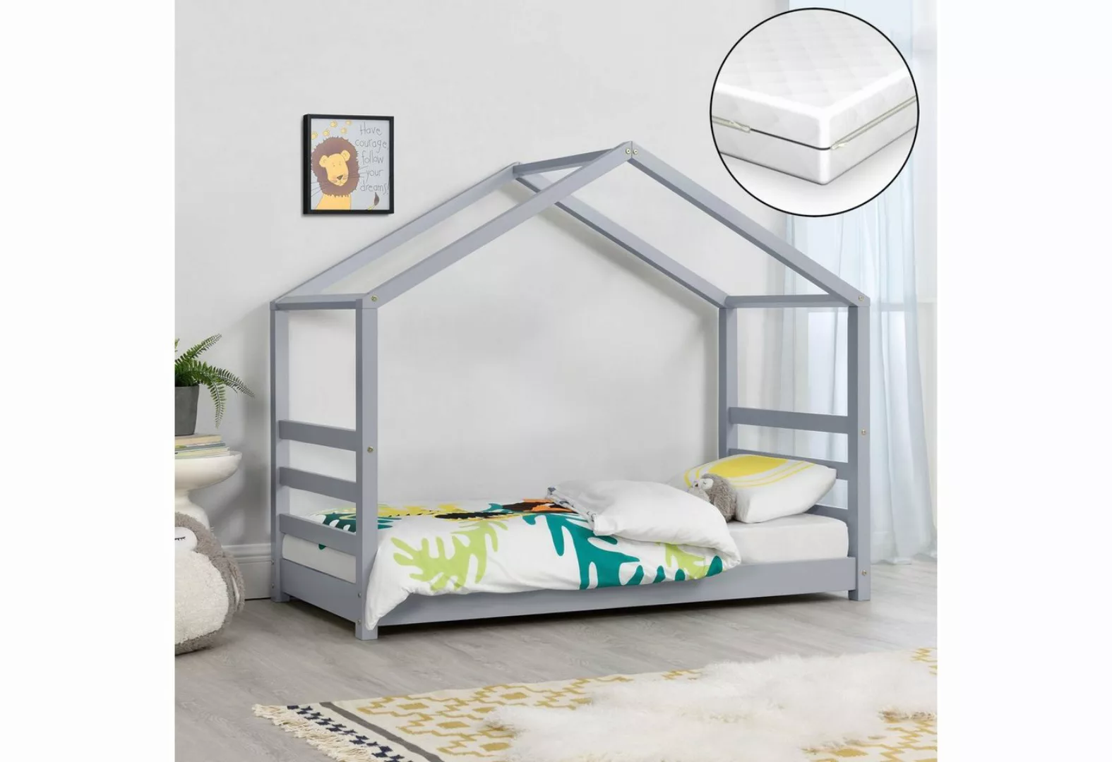 en.casa Kinderbett, Vardø Hausbett mit Matratze 70x140cm Grau günstig online kaufen