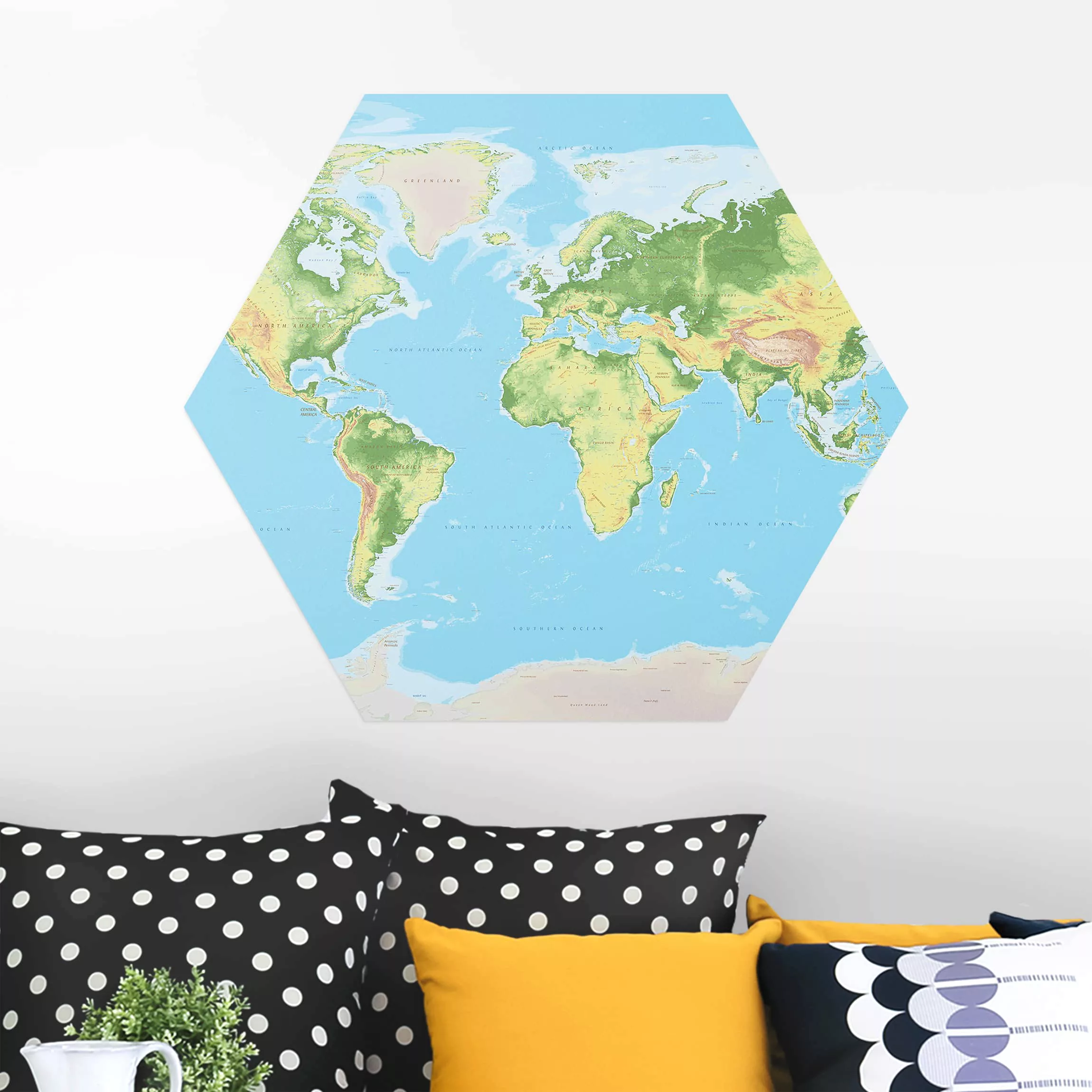 Hexagon-Alu-Dibond Bild Stadt-, Land & Weltkarte Physische Weltkarte günstig online kaufen