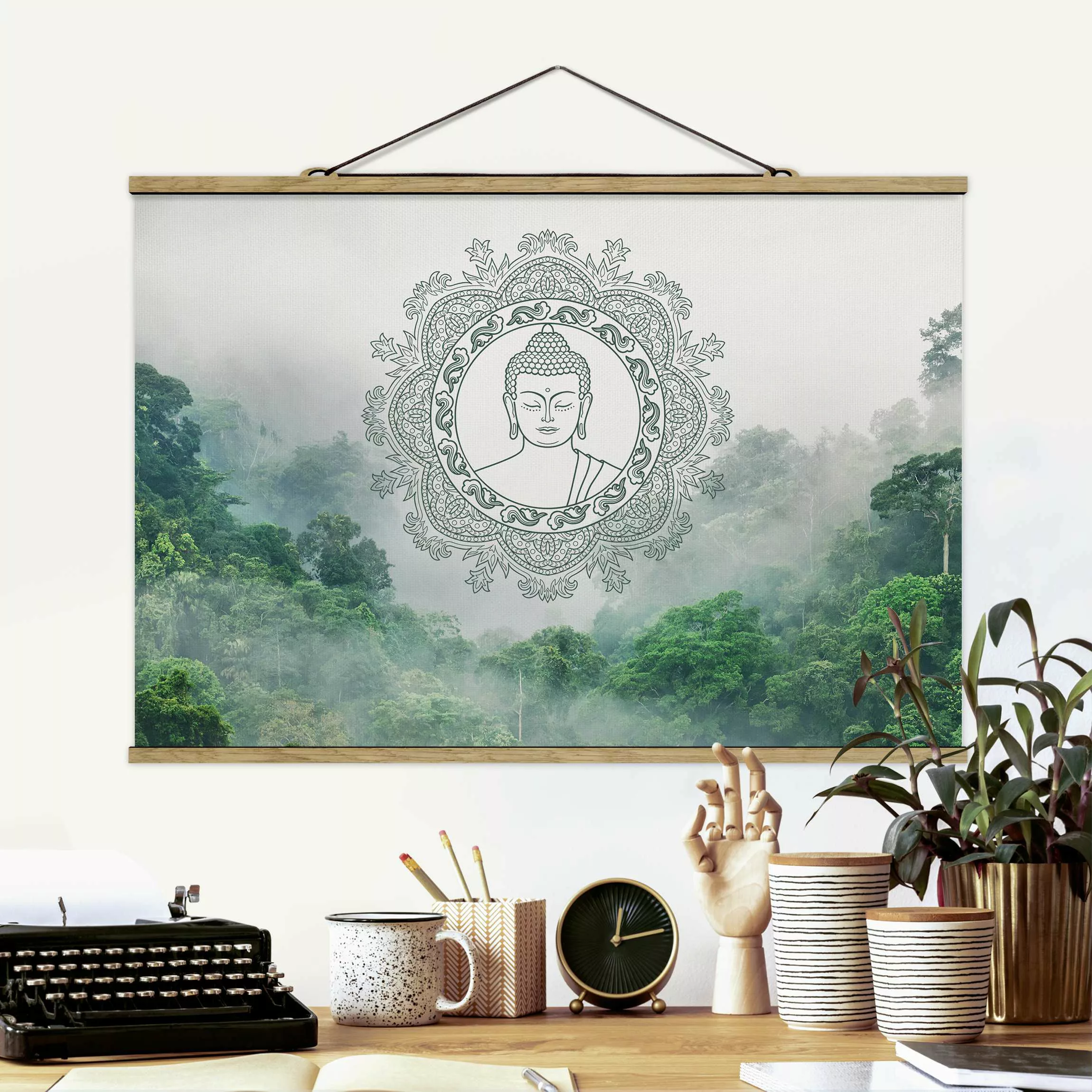 Stoffbild mit Posterleisten Buddha Mandala im Nebel günstig online kaufen