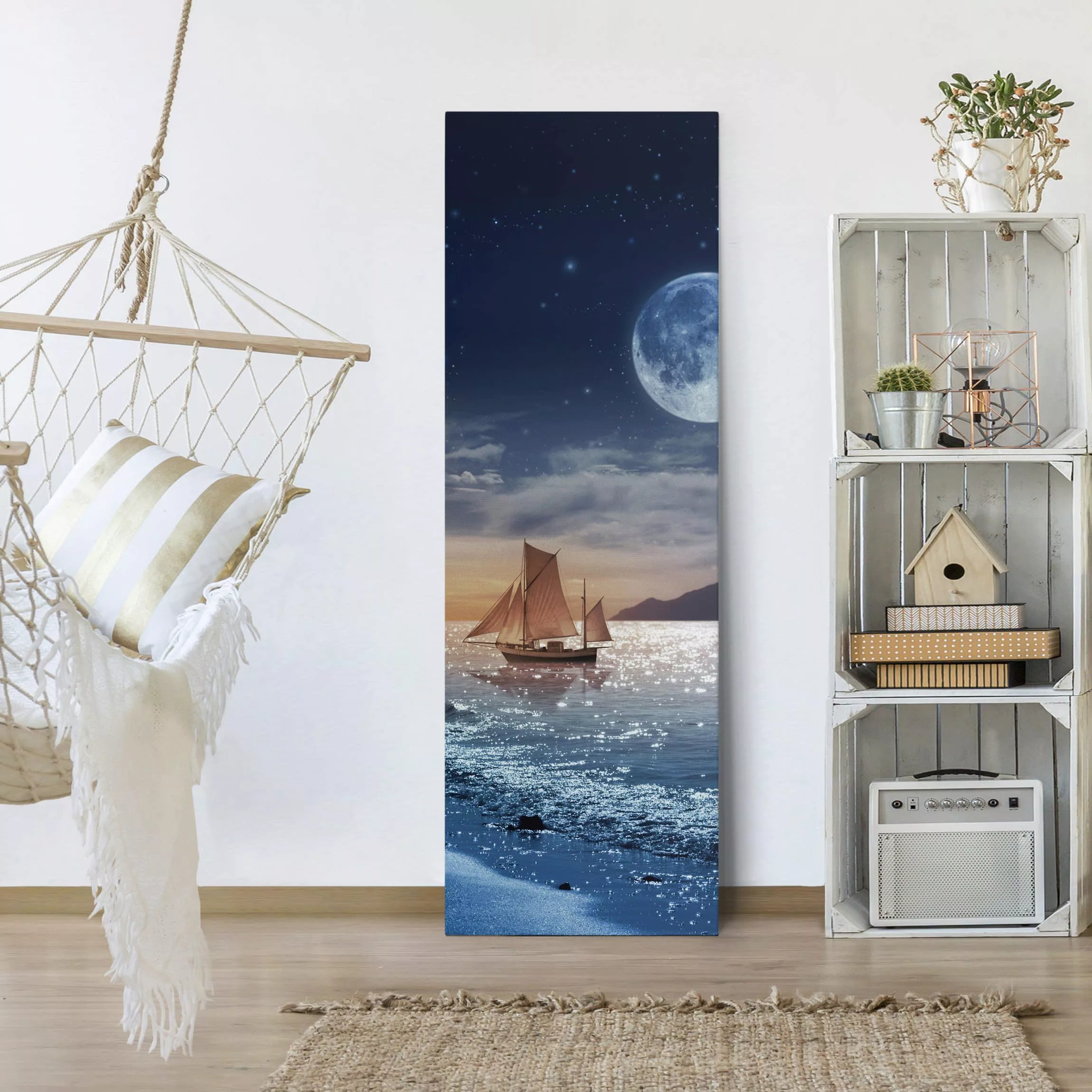 Leinwandbild Strand - Hochformat Moon Night Sea günstig online kaufen