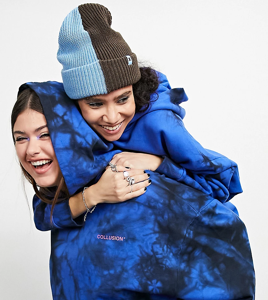 COLLUSION – Oversize-Kapuzenpullover mit Logo-Print und Batikmuster in Blau günstig online kaufen