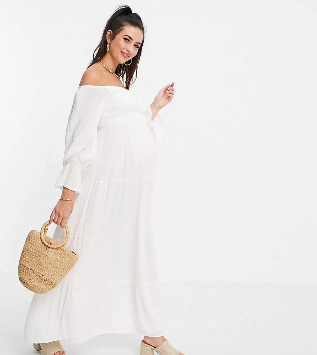 In The Style Maternity x Brooke Vincent – Gestuftes Bardot-Maxikleid in Wei günstig online kaufen