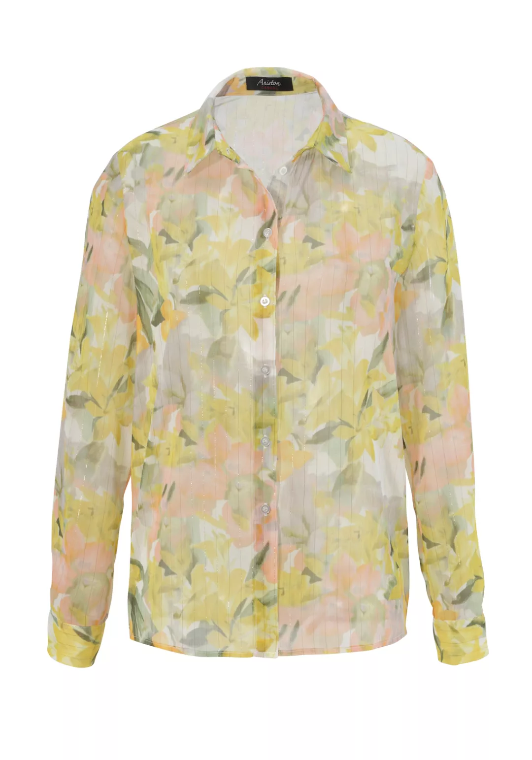Aniston CASUAL Hemdbluse, zarter Blumendruck mit goldfarbenen Glitzerstreif günstig online kaufen