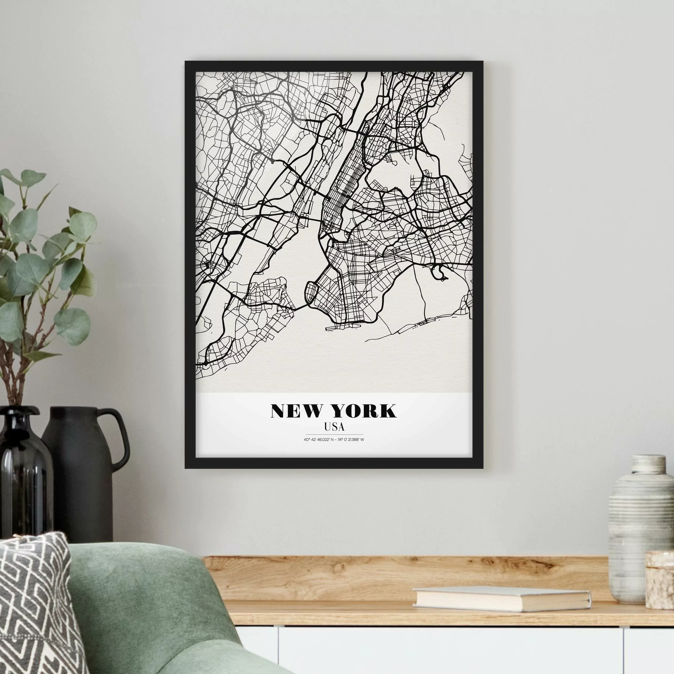 Bild mit Rahmen Stadtplan - Hochformat Stadtplan New York - Klassik günstig online kaufen