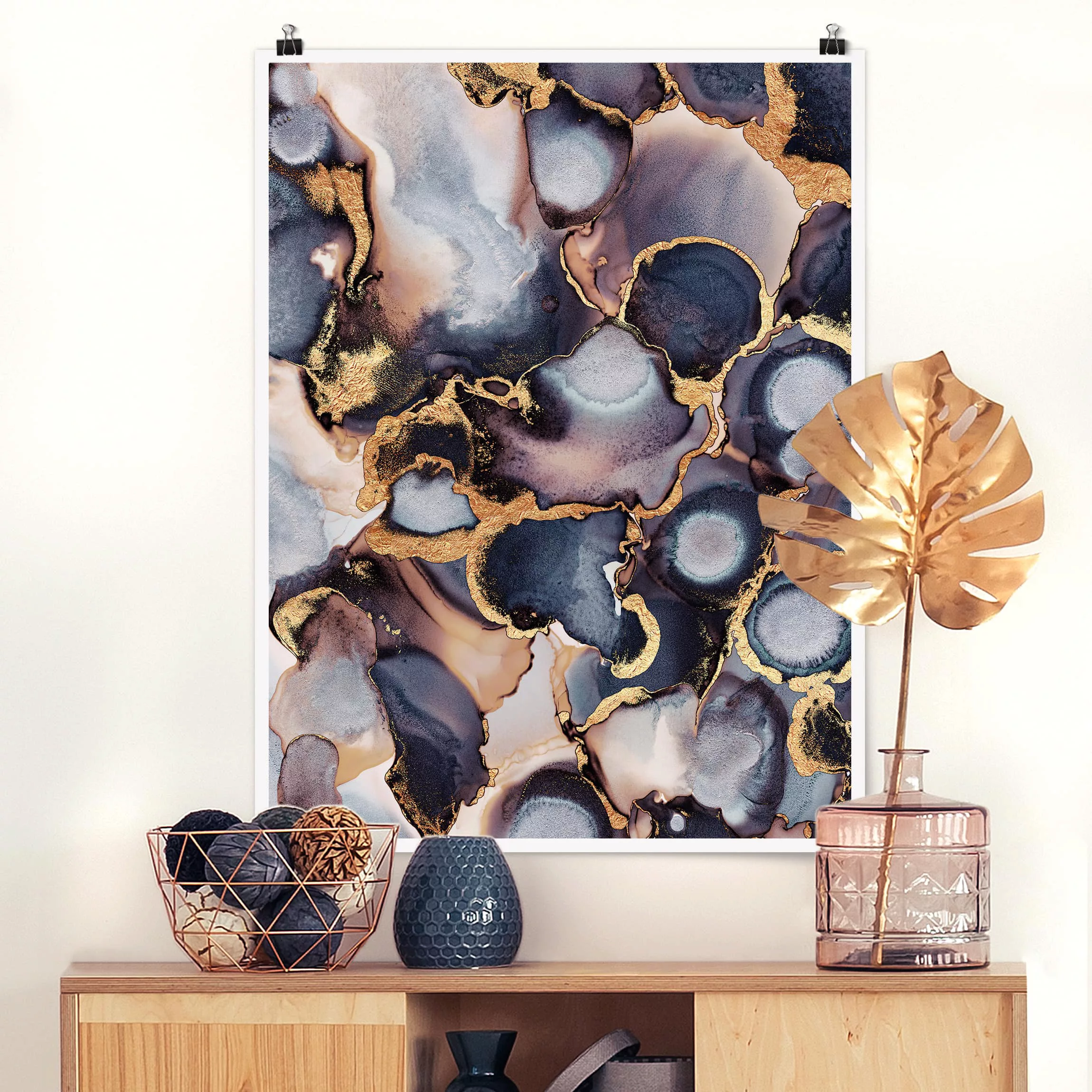 Poster Kunstdruck - Hochformat Marmor Aquarell mit Gold günstig online kaufen