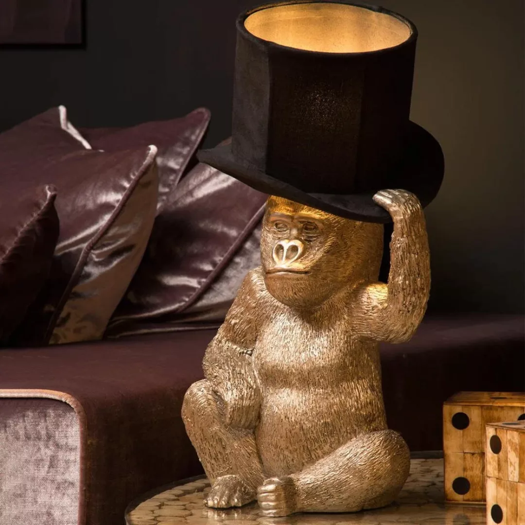 Stylische Affentischlampe in Gold mit Zylinder aus Baumwolle in Schwarz E14 günstig online kaufen