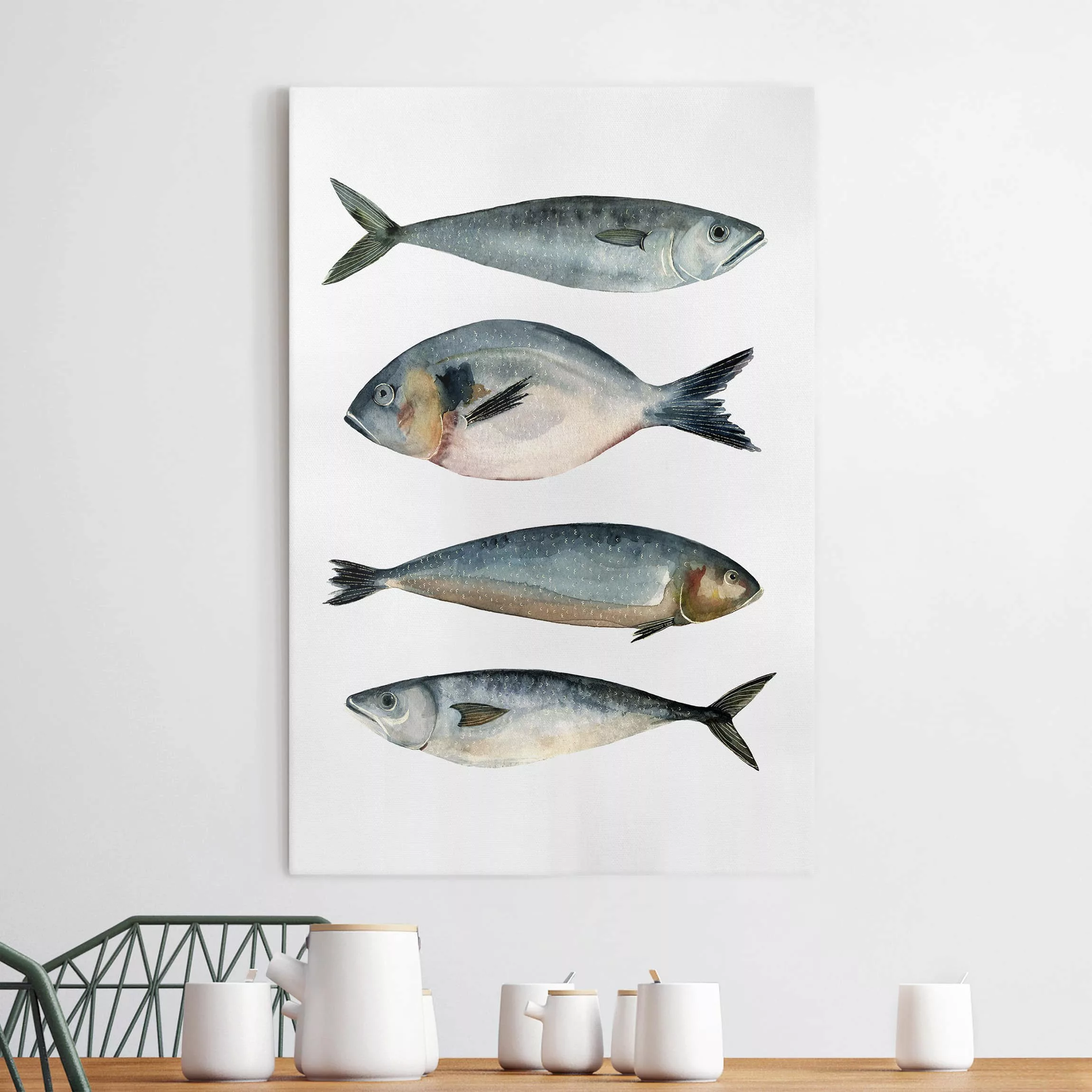 Leinwandbild Botanik - Hochformat Vier Fische in Aquarell II günstig online kaufen
