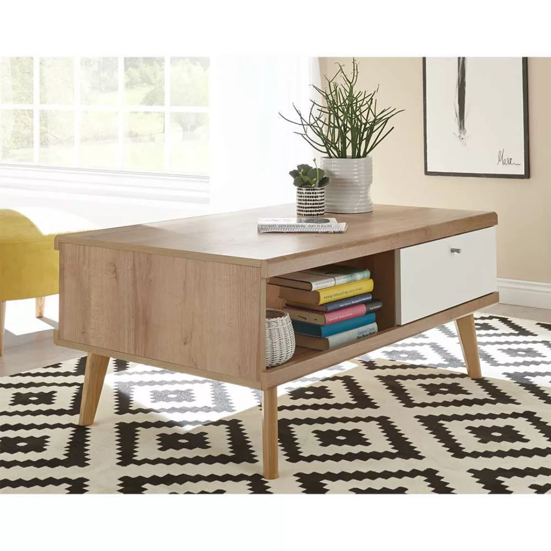 Möbel Kombination für Wohnzimmer Weiß und Eiche (fünfteilig) günstig online kaufen