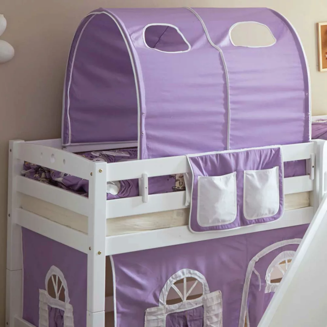 Halbhohes Bett für Mädchenzimmer Rutsche und Vorhang in Lila günstig online kaufen