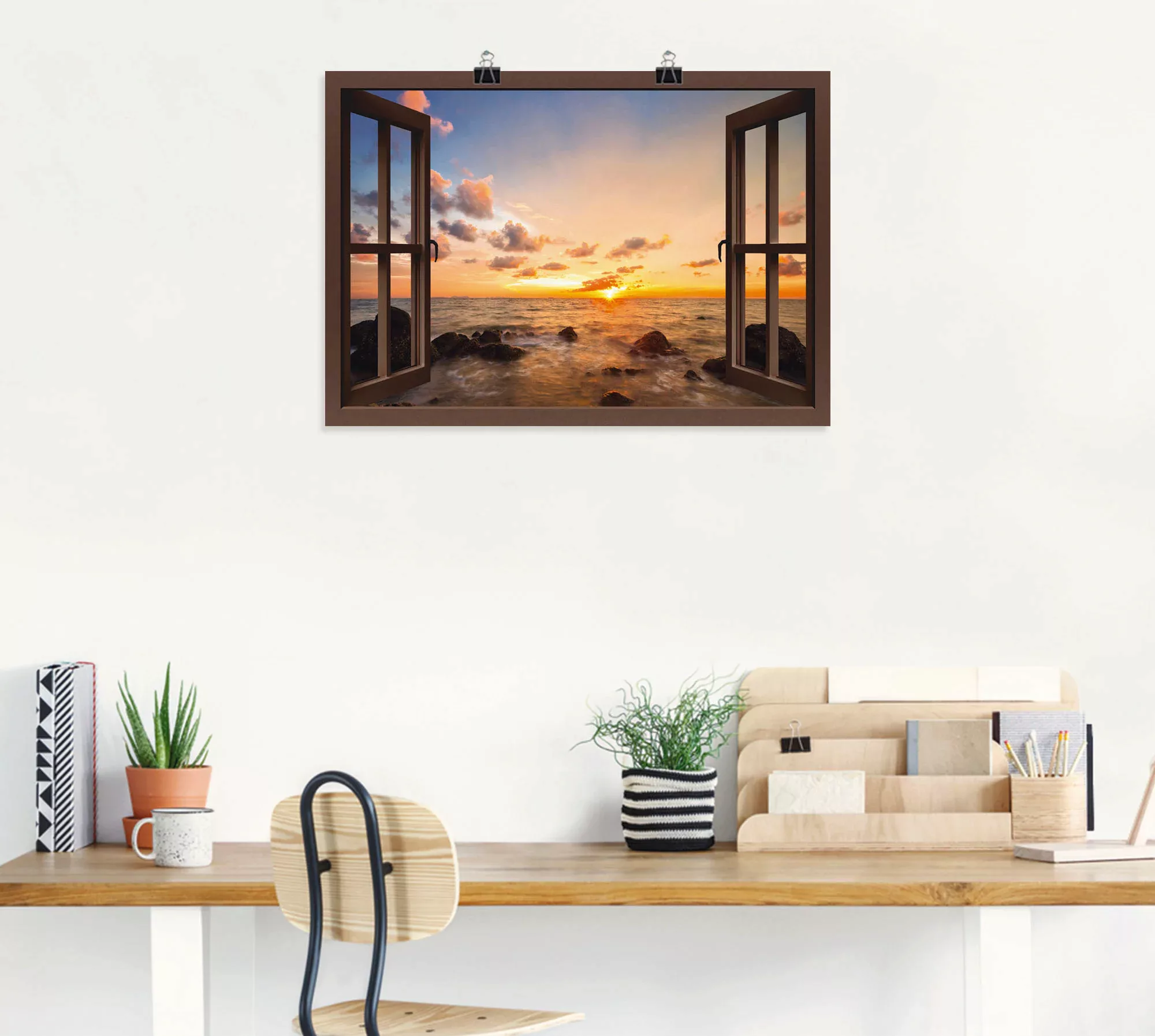 Artland Wandbild "Fensterblick Sonnenuntergang am Meer", Fensterblick, (1 S günstig online kaufen