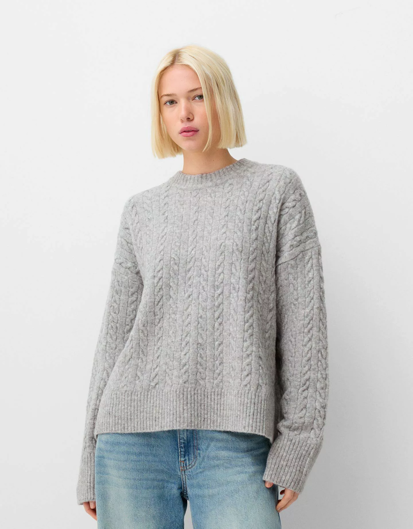 Bershka Oversize-Pullover Mit Flechtmuster Damen L Grau günstig online kaufen