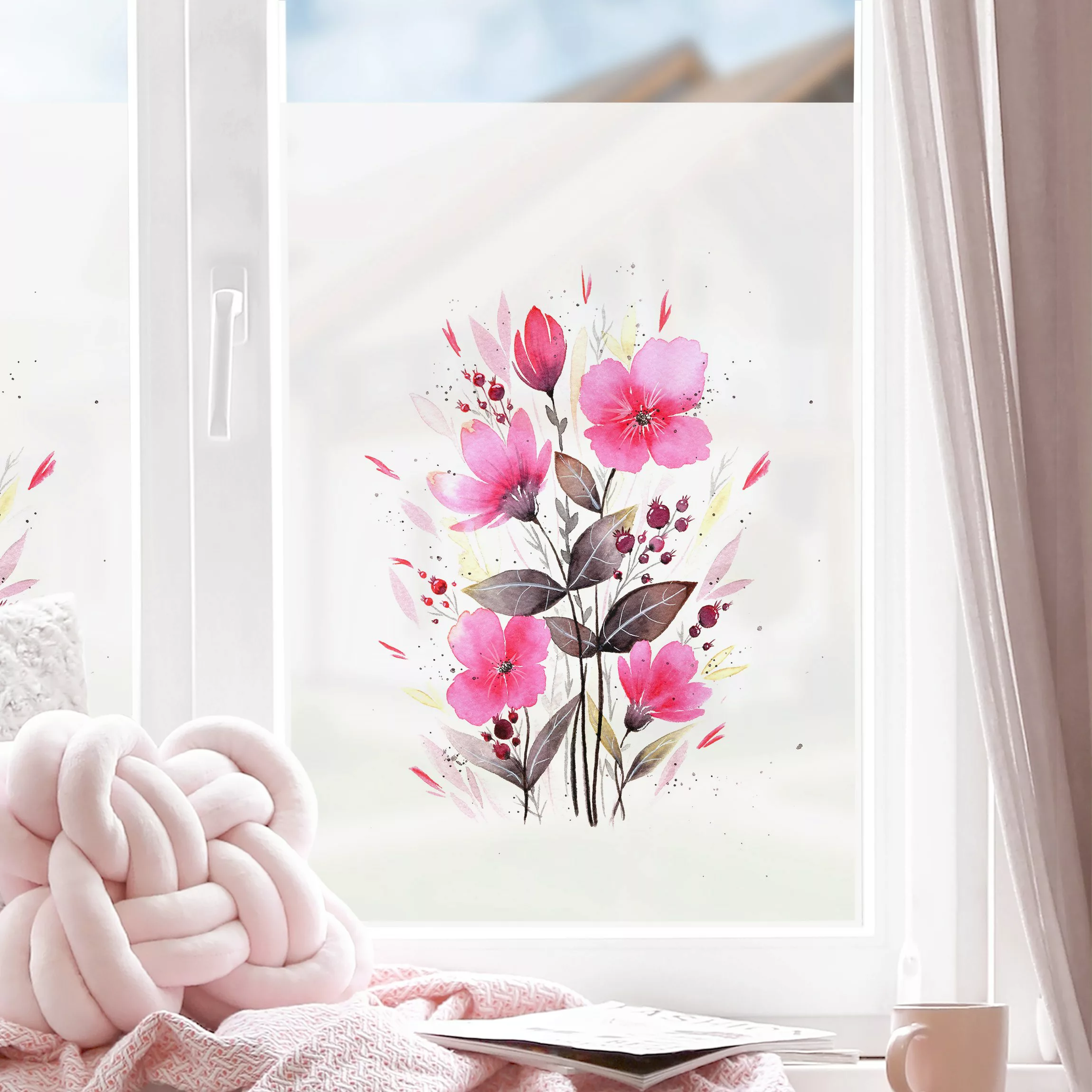 Fensterfolie Esther Meinl - Pinke Aquarell Blumen im Sommer günstig online kaufen