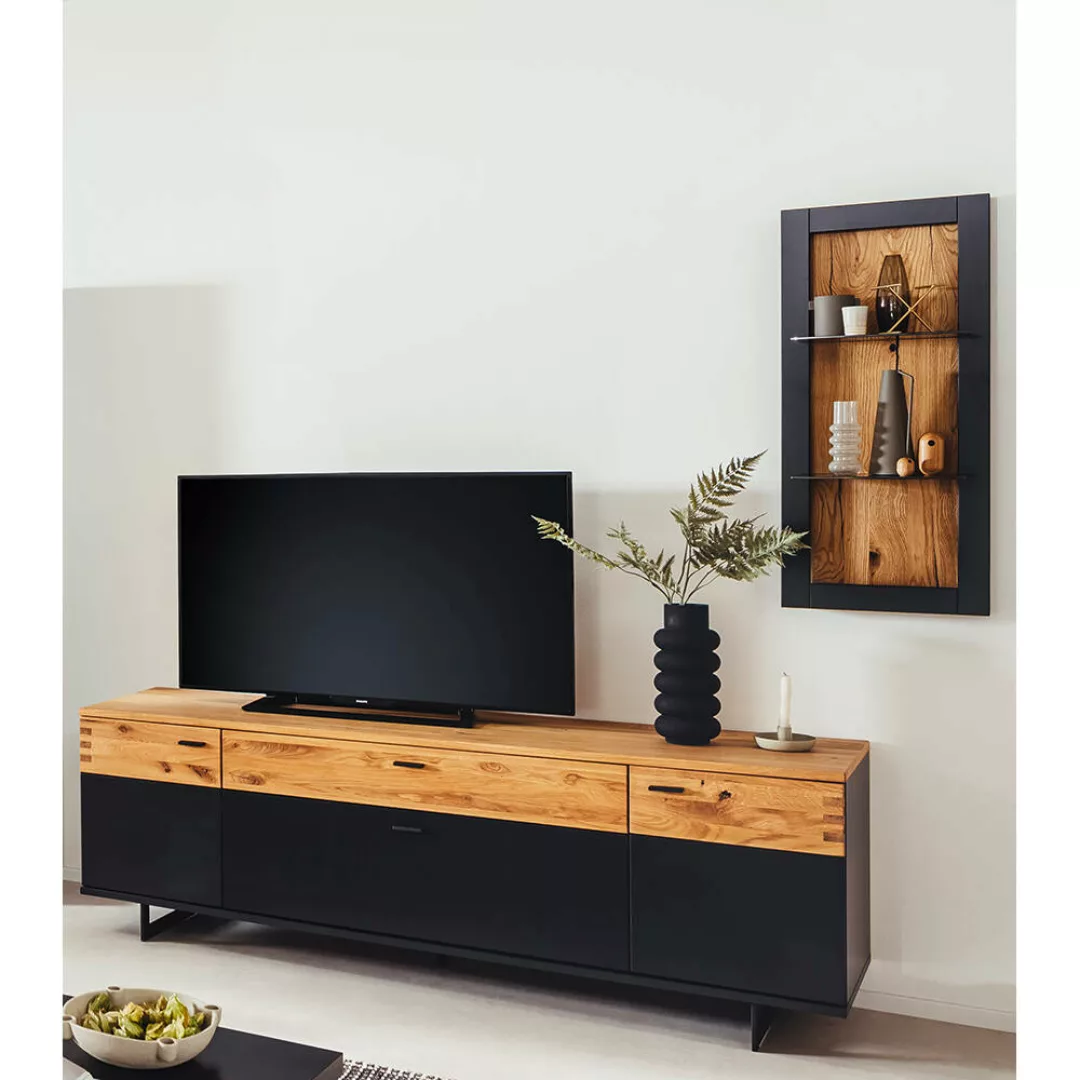 Moderne TV-Möbel Kombination, schwarzgrau lackiert mit Wildeiche massiv CHA günstig online kaufen