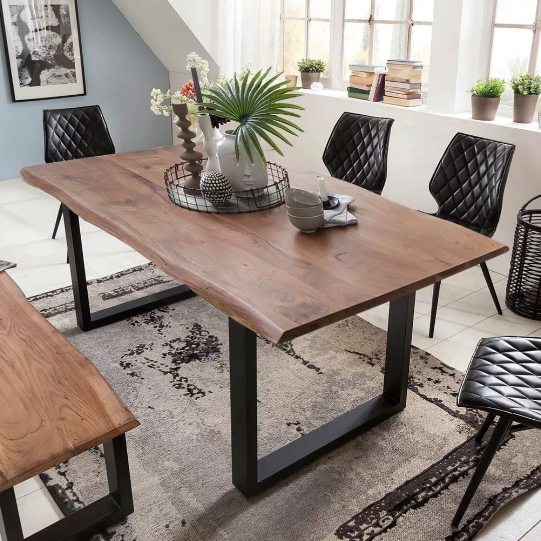 Baumkanten Esszimmertisch aus Akazie Massivholz schwarzem Bügelgestell günstig online kaufen