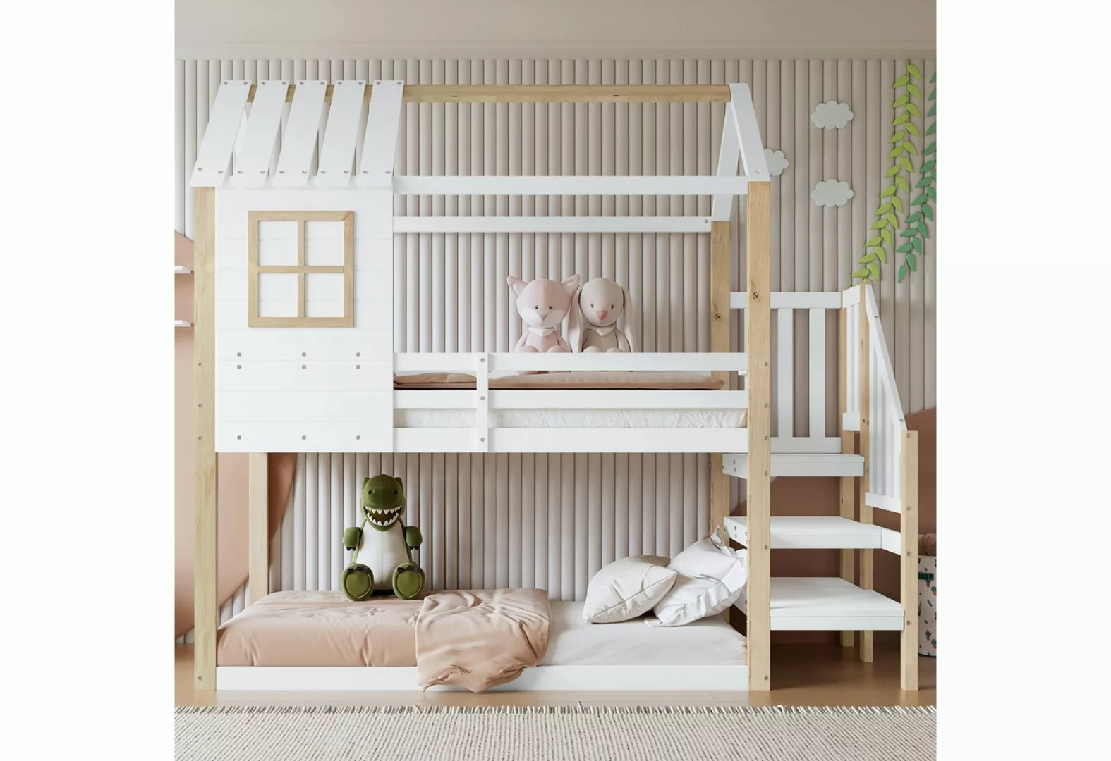 TavilaEcon Etagenbett Hausbett, Kinderbett mit Ecktreppe und Fenster, 90x20 günstig online kaufen