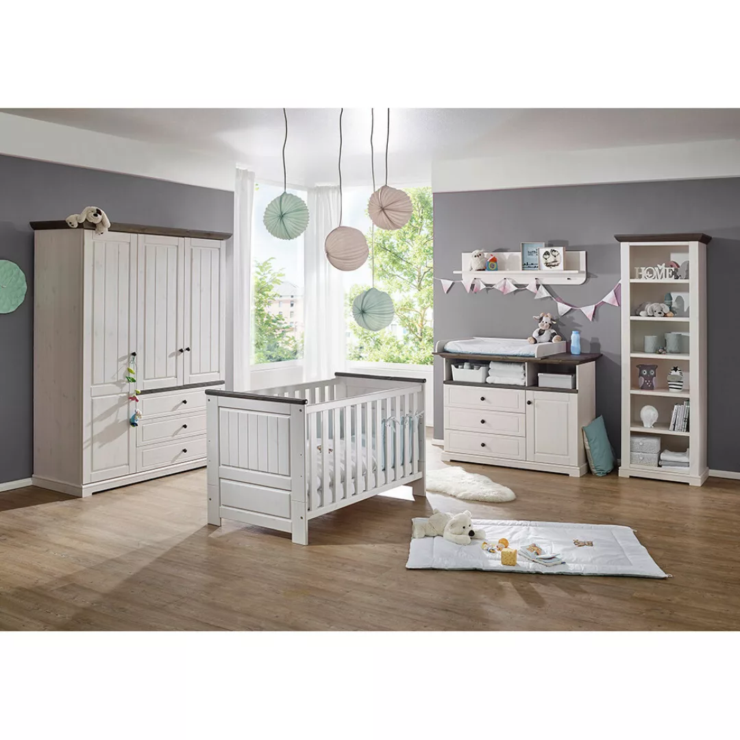 Babyzimmer komplett Set Kiefer weiß mit grau JAANIKA-69, 5-teilig günstig online kaufen