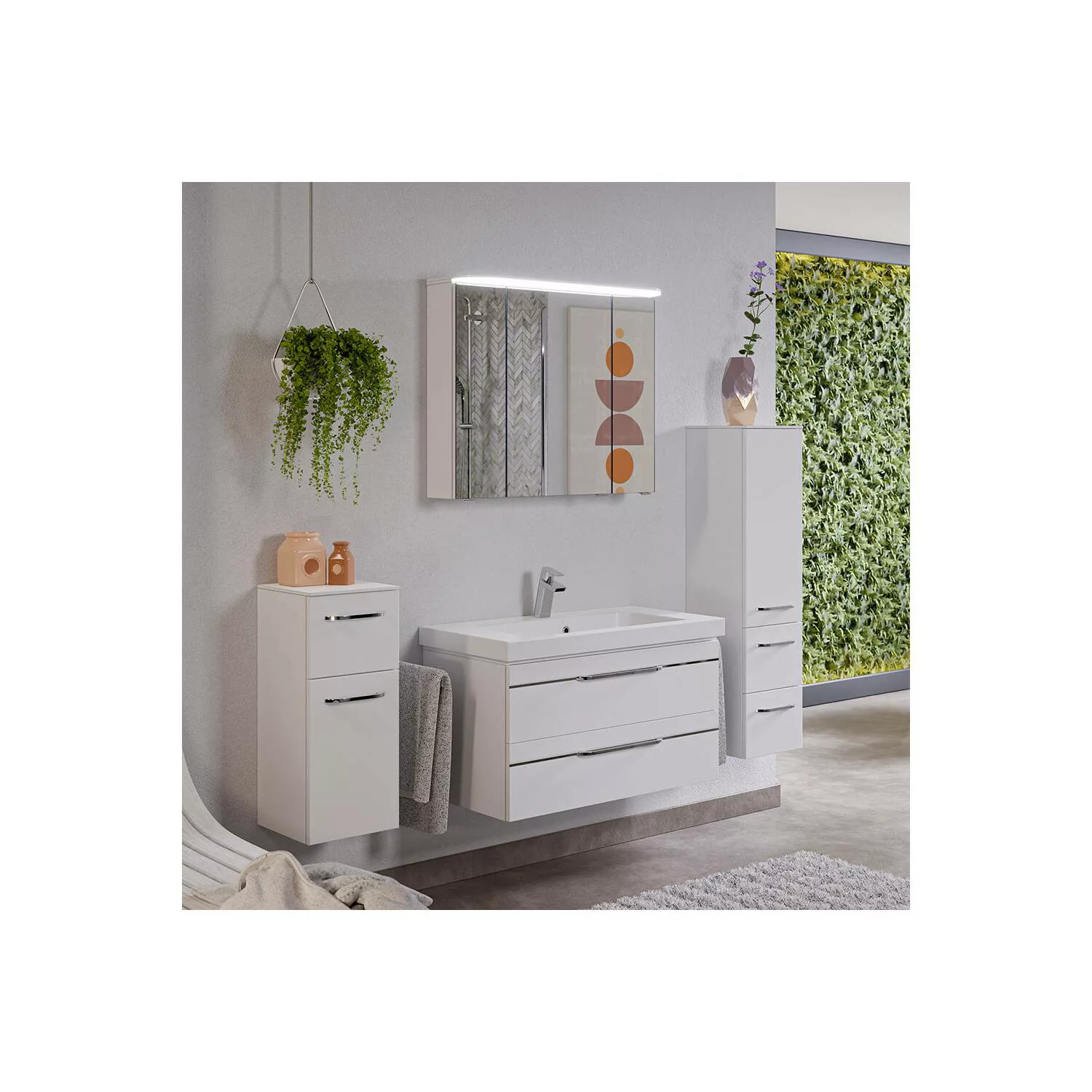 Badmöbel Komplett Set, weiß Glanz, inkl. Waschbecken und LED Beleuchtung, B günstig online kaufen