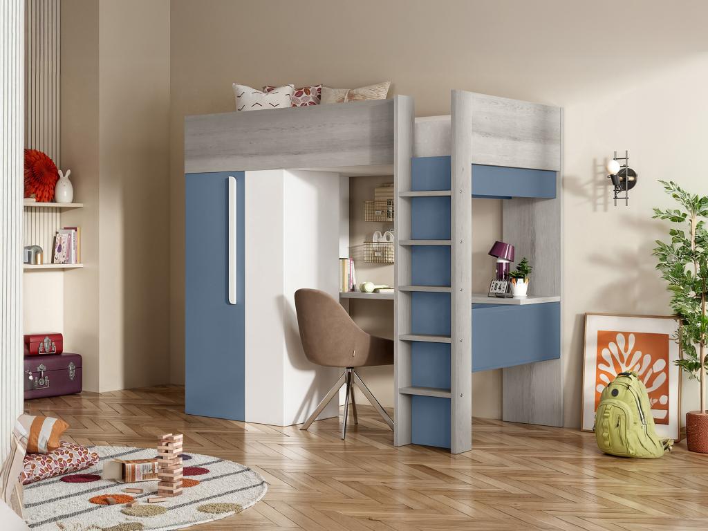 Hochbett mit Schreibtisch & Kleiderschrank - 90 x 200 cm  - Blau & Weiß - N günstig online kaufen