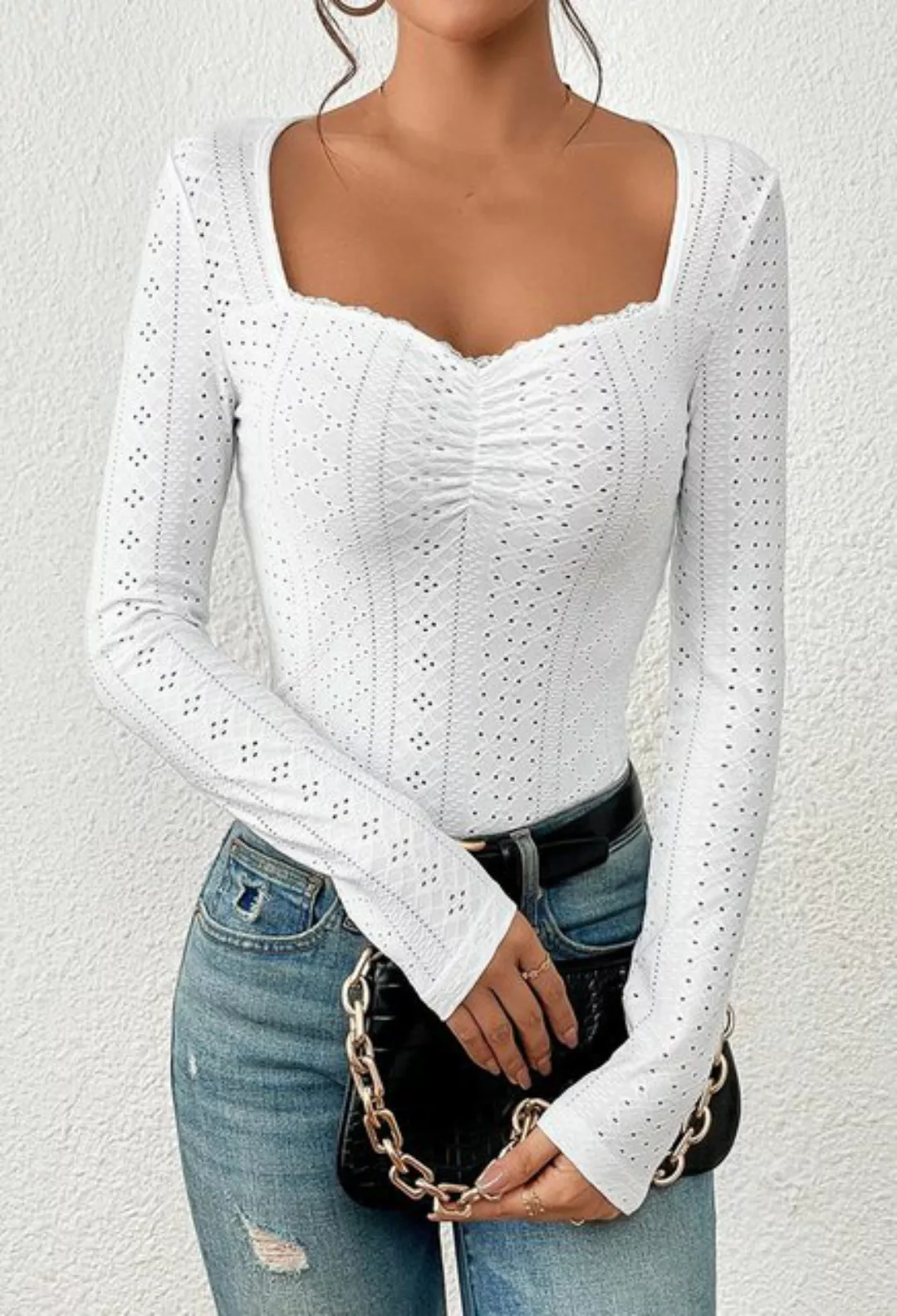 CHENIN Langarmhemd Damen Square Neck Ruffled Lace Long Sleeve Top Lässiges, günstig online kaufen