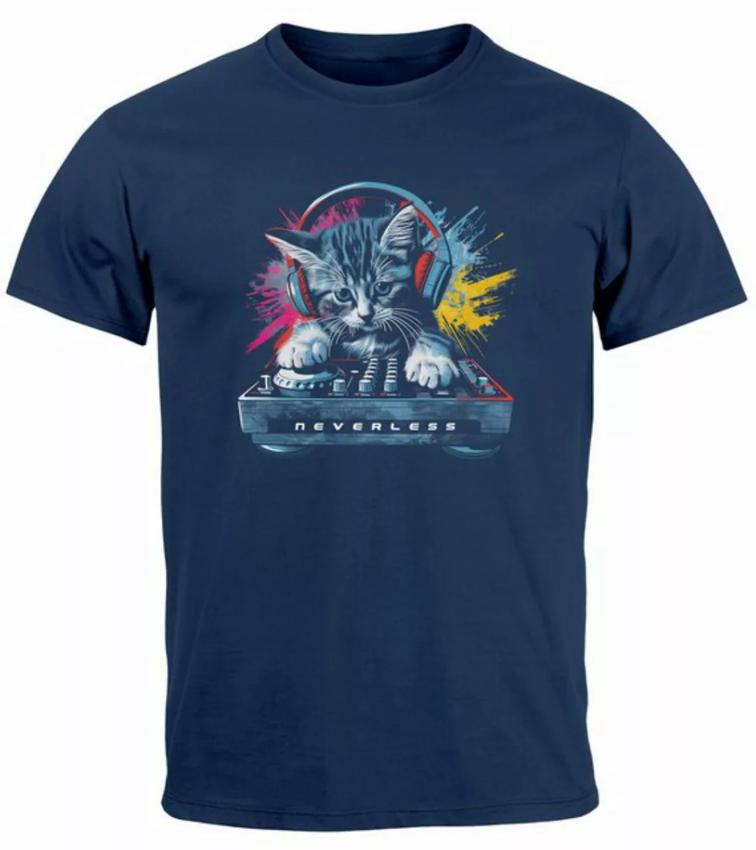 Neverless Print-Shirt Herren T-Shirt Techno DJ Katze Electronic Music Rave günstig online kaufen