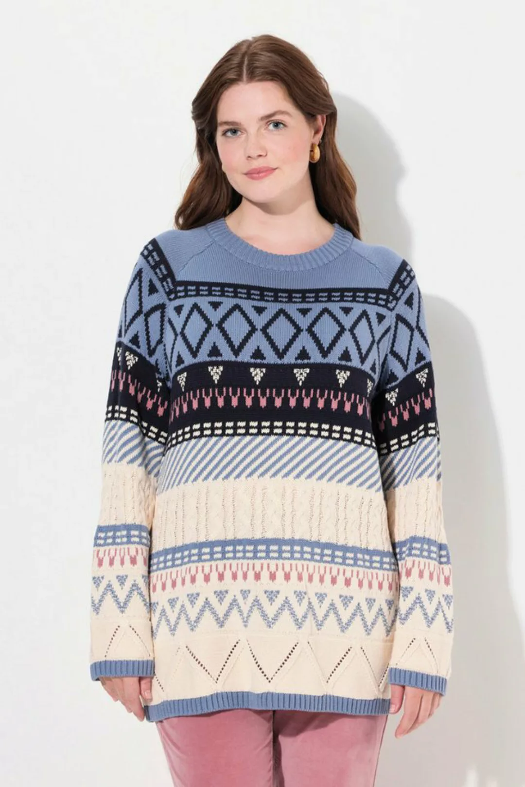 Ulla Popken Strickpullover Pullover Fair Isle Rundhals Langarm Biobaumwolle günstig online kaufen