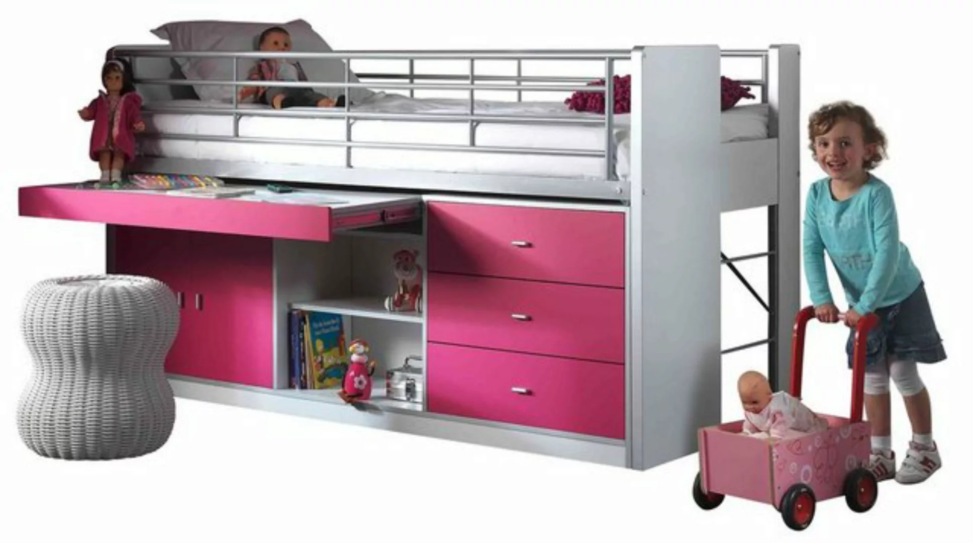 Kindermöbel 24 Hochbett Jax weiß - pink inkl. Schreibtisch günstig online kaufen