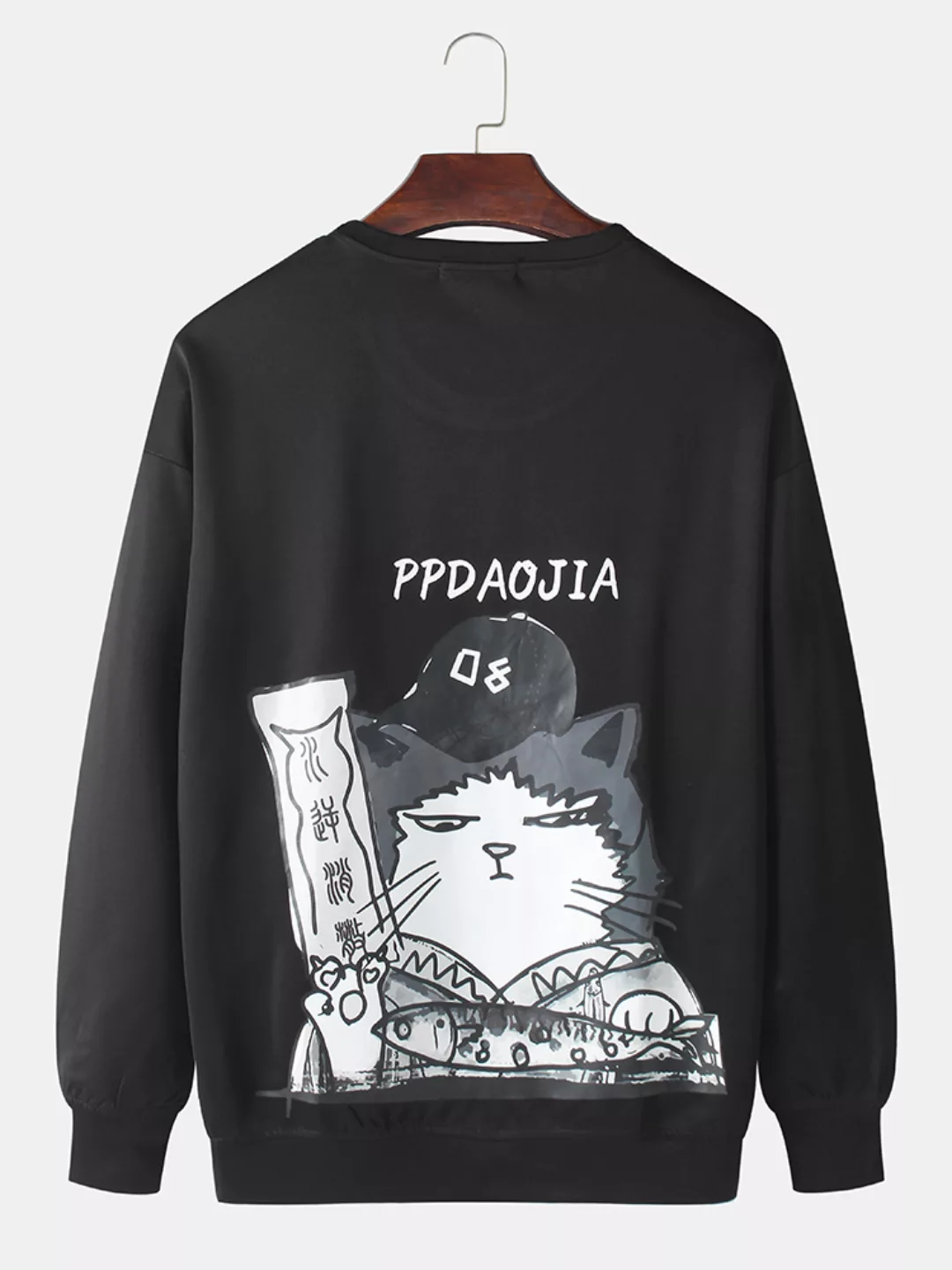 Herren Solid Color Cartoon Katze Back Print Lose Sweatshirts mit Rundhalsau günstig online kaufen