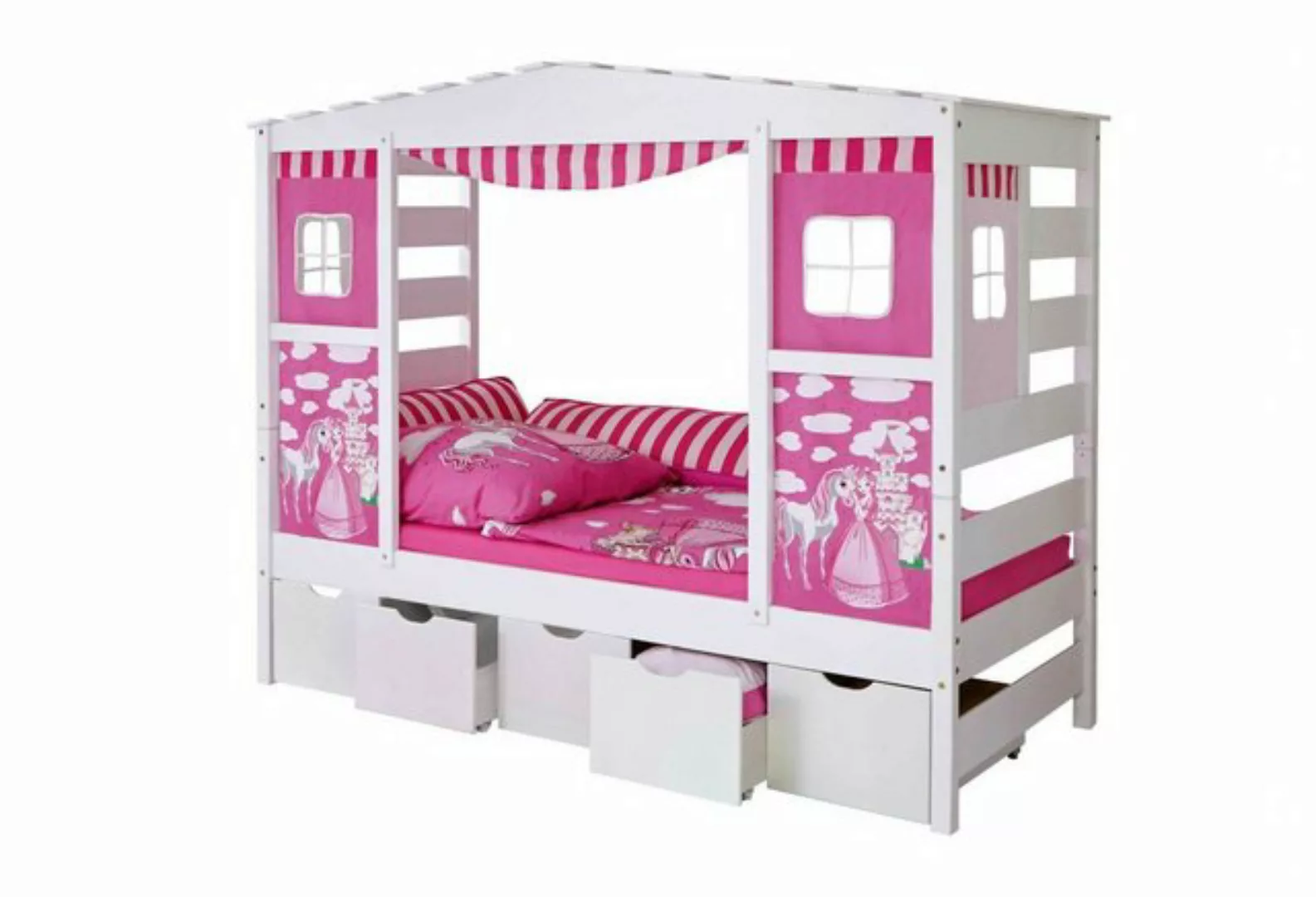 Ticaa Hausbett Hausbett mit Bettkasten "Horse Rosa" Kiefer Weiß, stellbar z günstig online kaufen