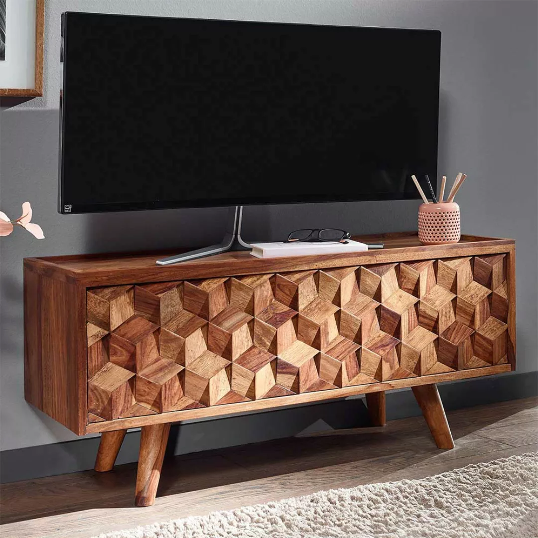 TV Lowboard mit 3D Holz Front Sheesham Massivholz günstig online kaufen