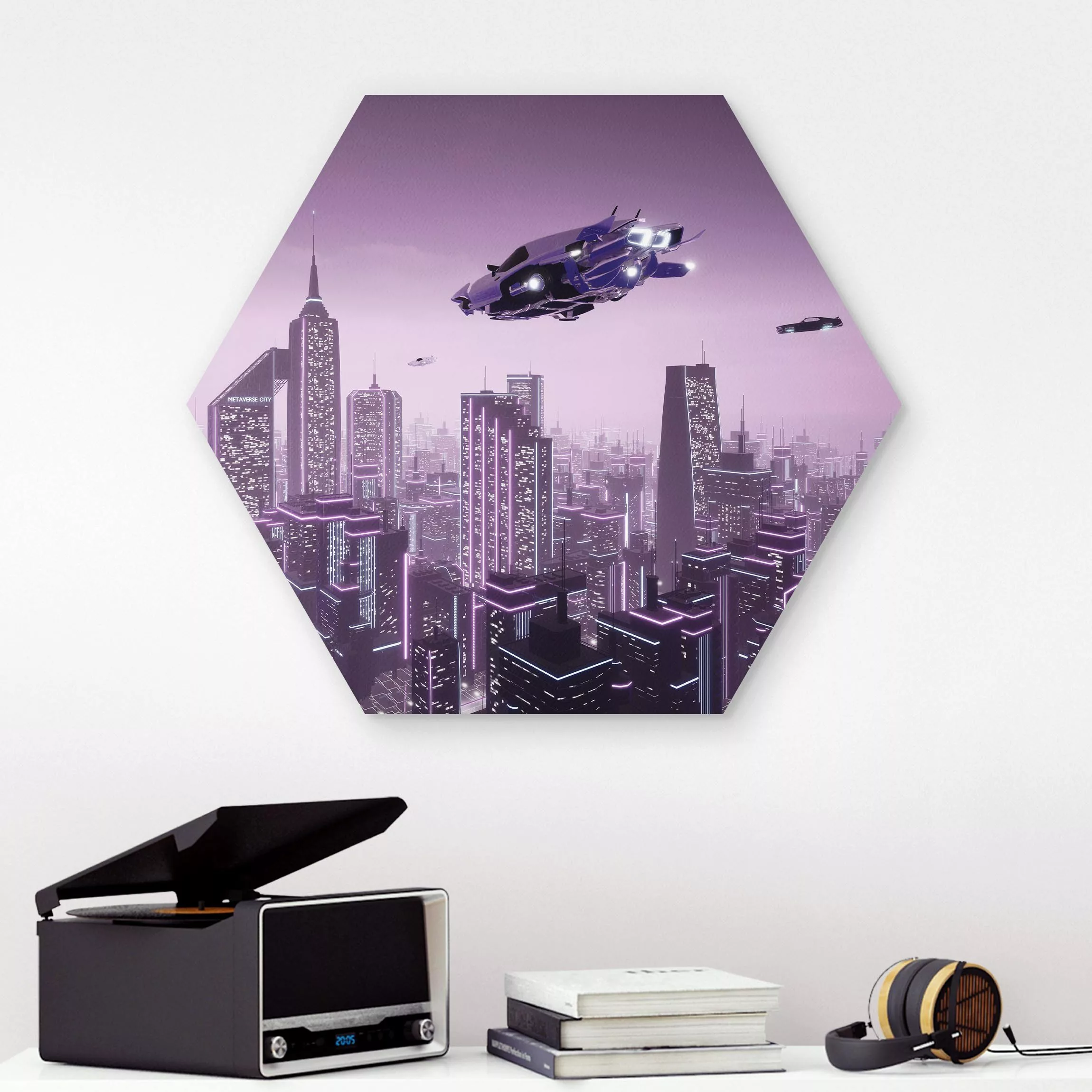 Hexagon-Forexbild Stadt im Neonlicht mit Raumschiffen günstig online kaufen