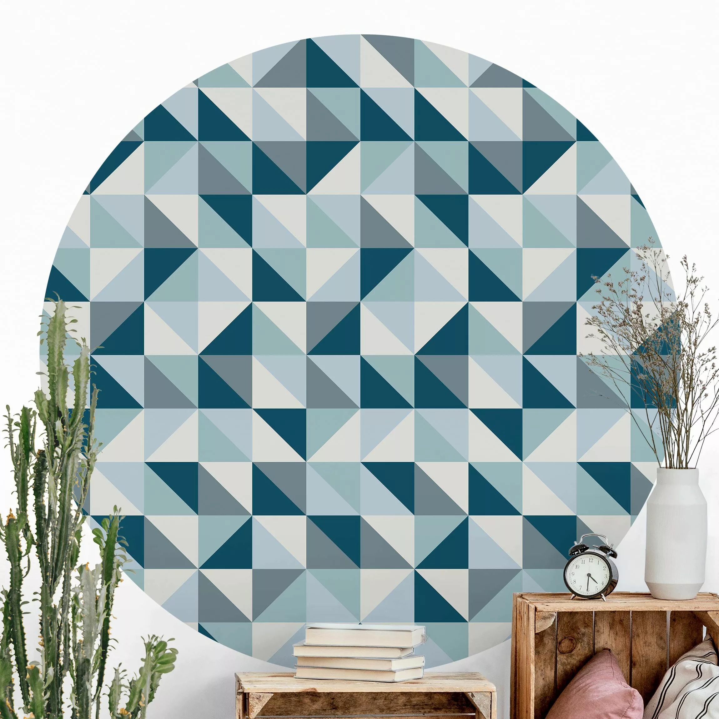Runde Mustertapete selbstklebend Blaues Dreieck Muster günstig online kaufen