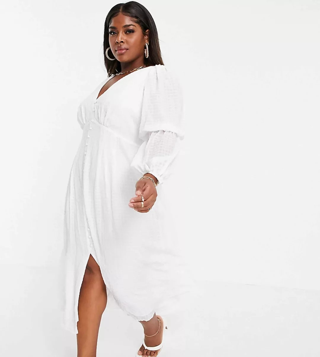 Forever New Curve – Midaxi-Kleid mit gestuften Ärmeln und Knopfdetail in El günstig online kaufen