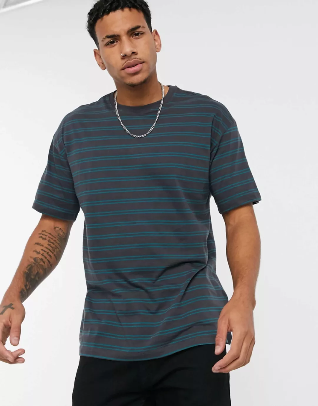 New Look – Blaugrünes Oversize-T-Shirt mit Streifen günstig online kaufen